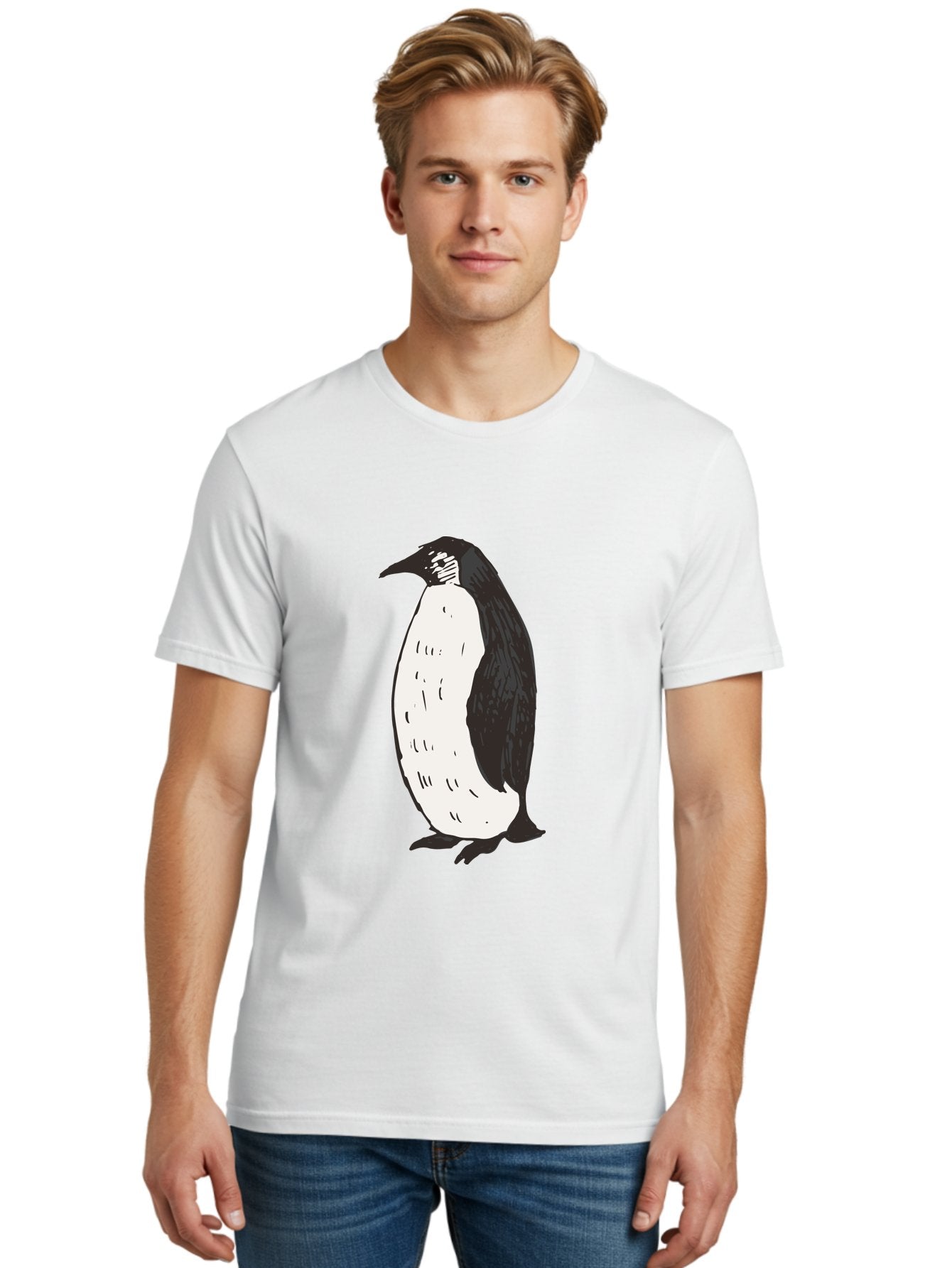 Penguin-1 Men'S Graphic Tee, 100% Cotton, Comfortable Casual Summer Wear, Machine Washable, Penguin Illustration, Black And White Penguin, Cartoon Penguin, Simple Drawing, Cute Bird, Wildlife Art, Tuxedo Bird, Flightless Bird, Antarctic Animal Aab031 17