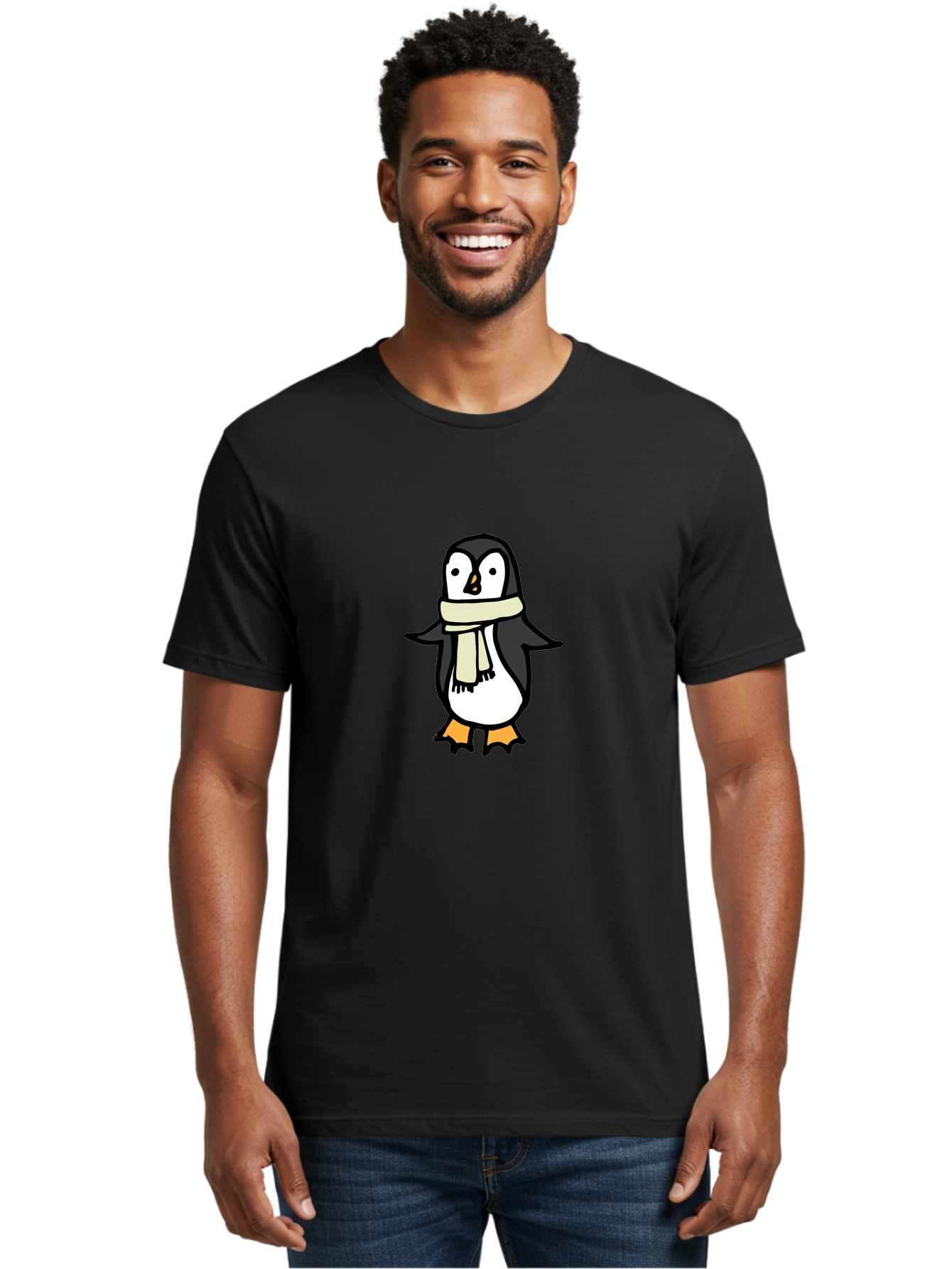 Penguin-With-Scarf Men'S Graphic Tee, 100% Cotton, Comfortable Casual Summer Wear, Machine Washable, Cartoon Penguin, Winter Fashion, Scarf Style, Cold Weather, Adorable Creature, Illustration Art, Cute Design, Tuxedo Bird, Animal Drawing Aab032