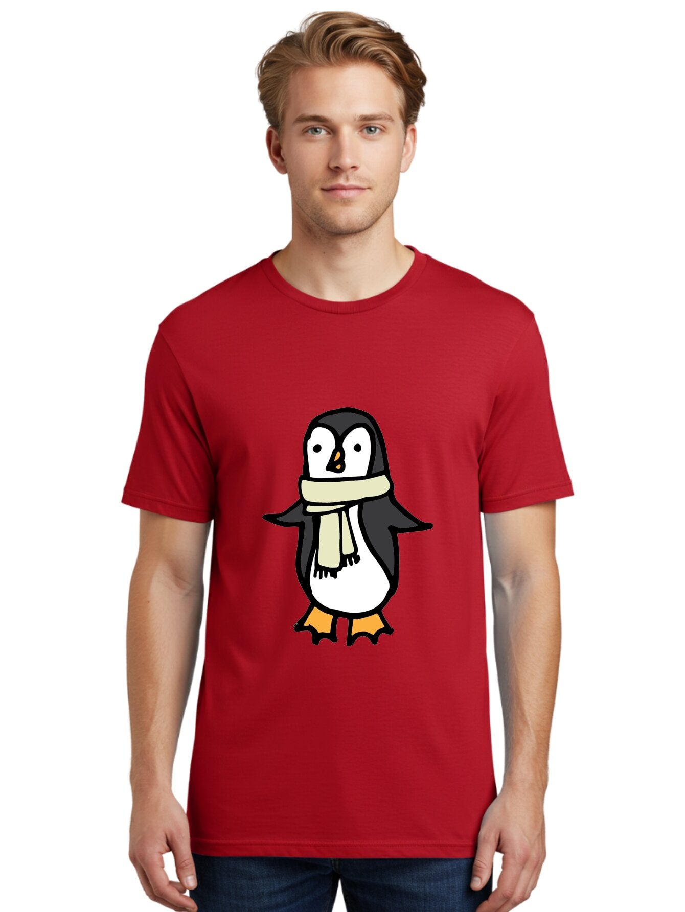 Penguin-With-Scarf Men'S Graphic Tee, 100% Cotton, Comfortable Casual Summer Wear, Machine Washable, Cartoon Penguin, Winter Fashion, Scarf Style, Cold Weather, Adorable Creature, Illustration Art, Cute Design, Tuxedo Bird, Animal Drawing Aab032 30
