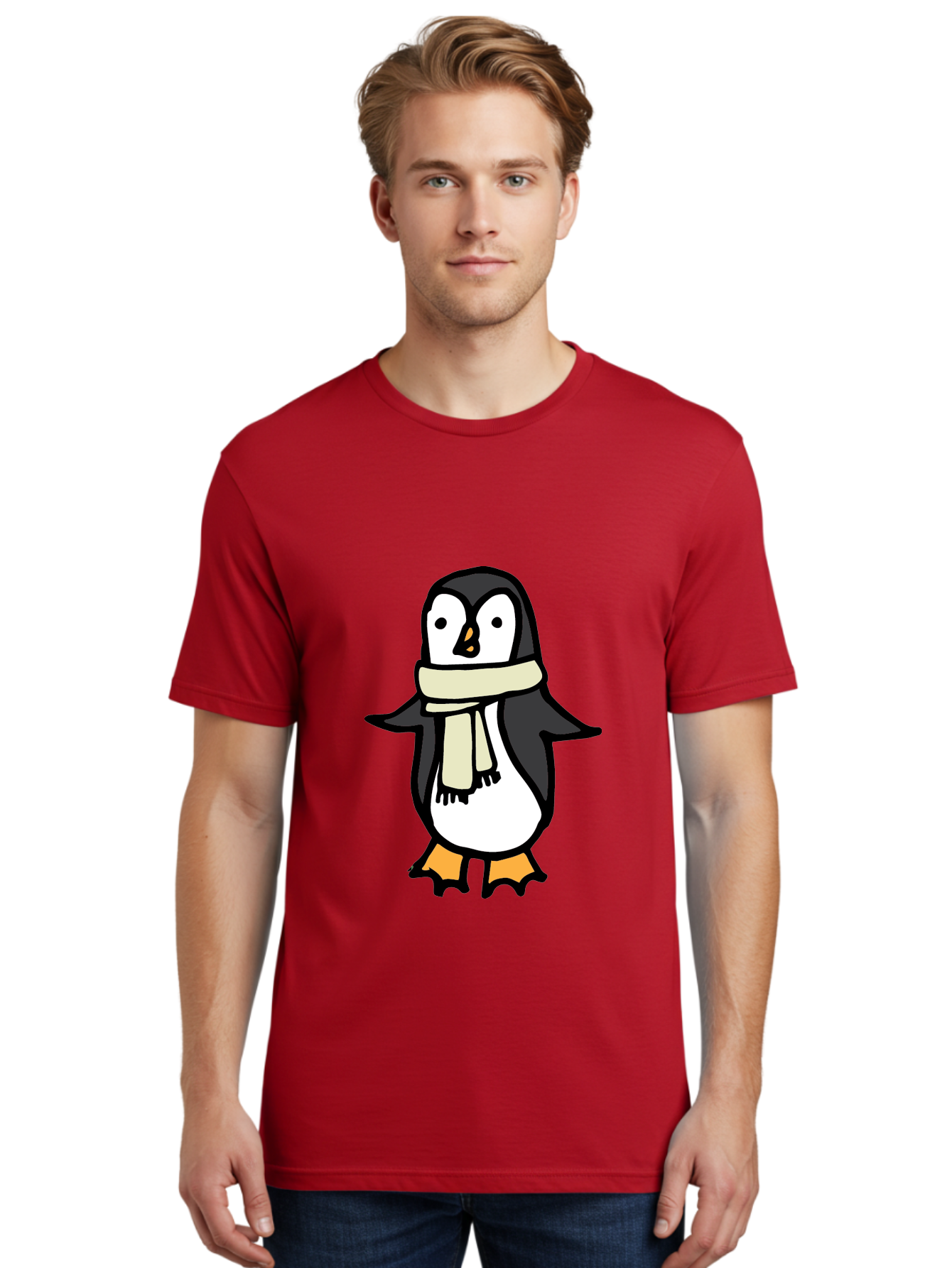 Penguin-With-Scarf Men'S Graphic Tee, 100% Cotton, Comfortable Casual Summer Wear, Machine Washable, Cartoon Penguin, Winter Fashion, Scarf Style, Cold Weather, Adorable Creature, Illustration Art, Cute Design, Tuxedo Bird, Animal Drawing Aab032