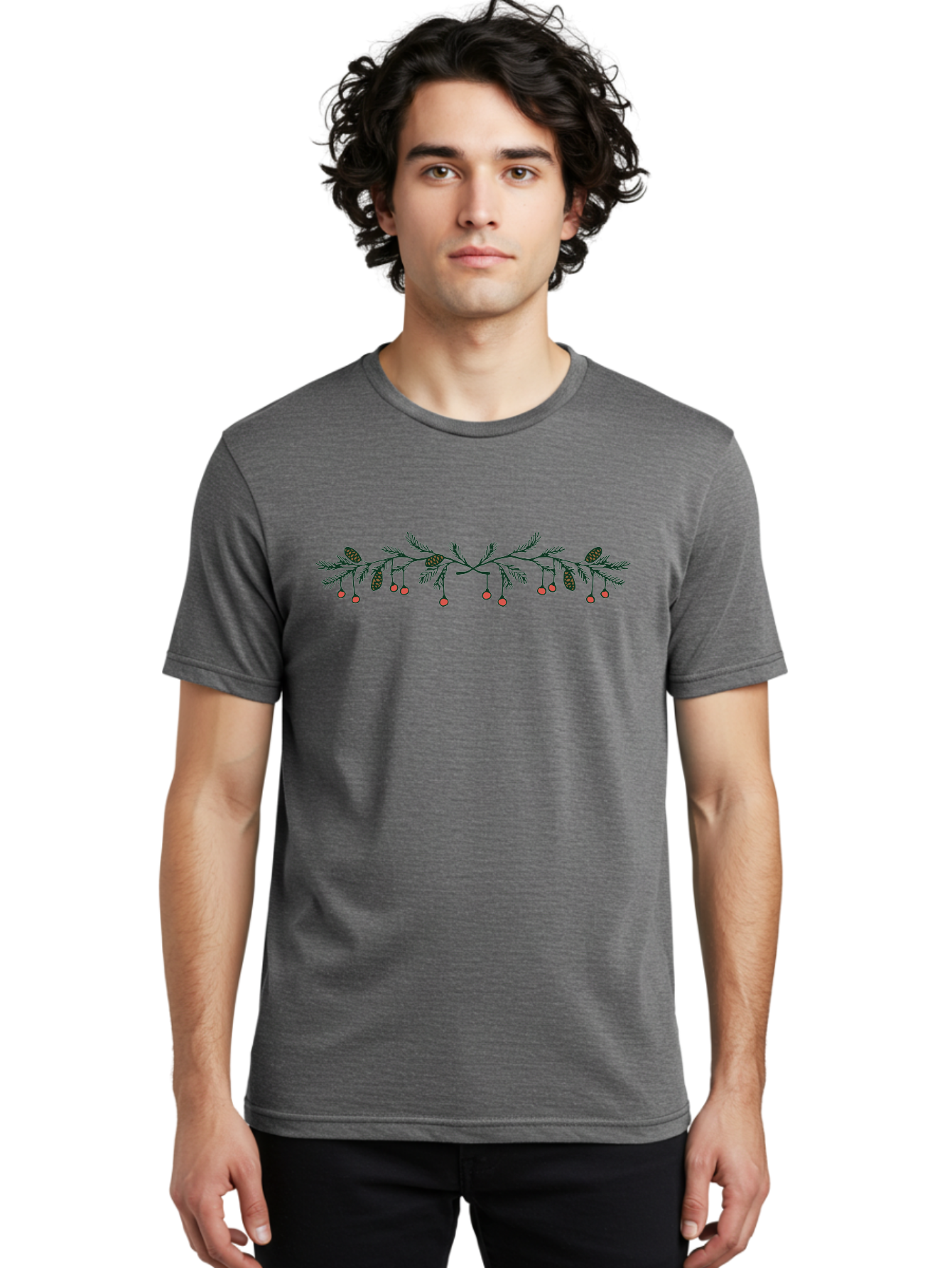 Pine-Branch-With-Berries Men'S Graphic Tee, 100% Cotton, Comfortable Casual Summer Wear, Machine Washable, Pine Branch, Pine Cones, Red Berries, Festive Decorations, Christmas Theme, Holiday Decor, Winter Elements, Seasonal Design Aab036 24