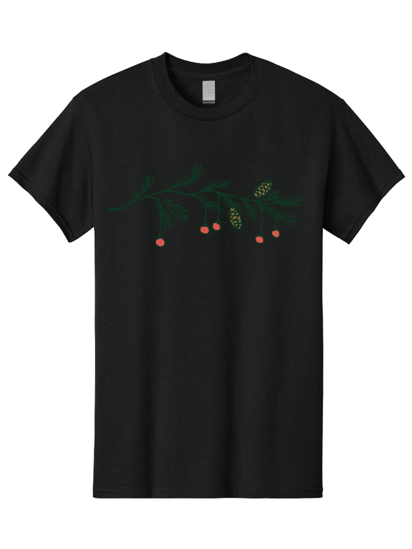 Pine-Branch Men'S Graphic Tee, 100% Cotton, Comfortable Casual Summer Wear, Machine Washable, Pine Branch, Red Berries, Pine Cones, Festive Decor, Holiday Theme, Cartoon Style, Simple Design, Minimalist Art Aab037