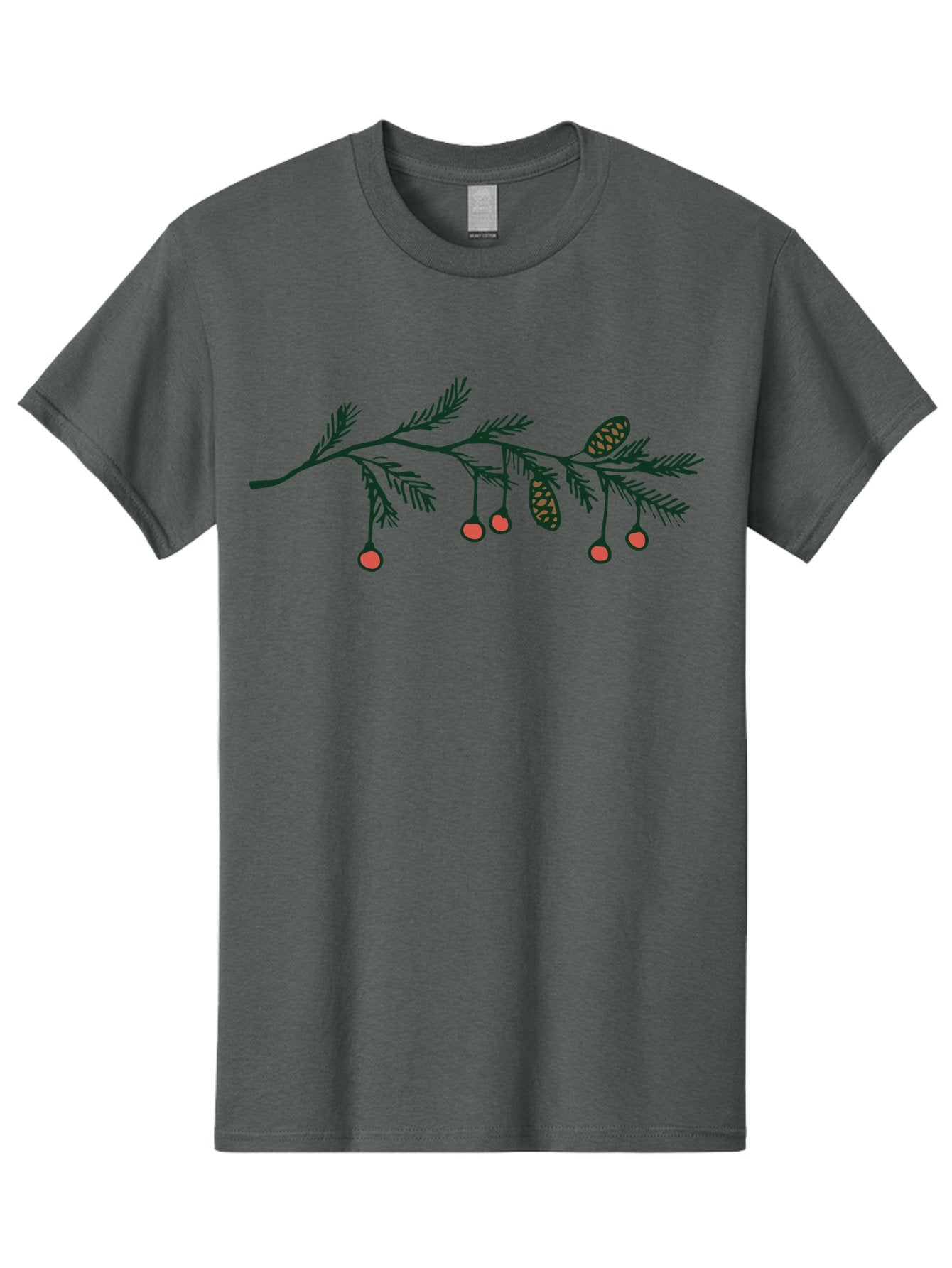 Pine-Branch Men'S Graphic Tee, 100% Cotton, Comfortable Casual Summer Wear, Machine Washable, Pine Branch, Red Berries, Pine Cones, Festive Decor, Holiday Theme, Cartoon Style, Simple Design, Minimalist Art Aab037 3
