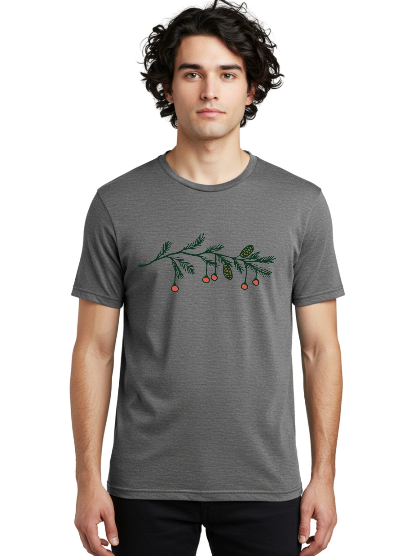 Pine-Branch Men'S Graphic Tee, 100% Cotton, Comfortable Casual Summer Wear, Machine Washable, Pine Branch, Red Berries, Pine Cones, Festive Decor, Holiday Theme, Cartoon Style, Simple Design, Minimalist Art Aab037 28