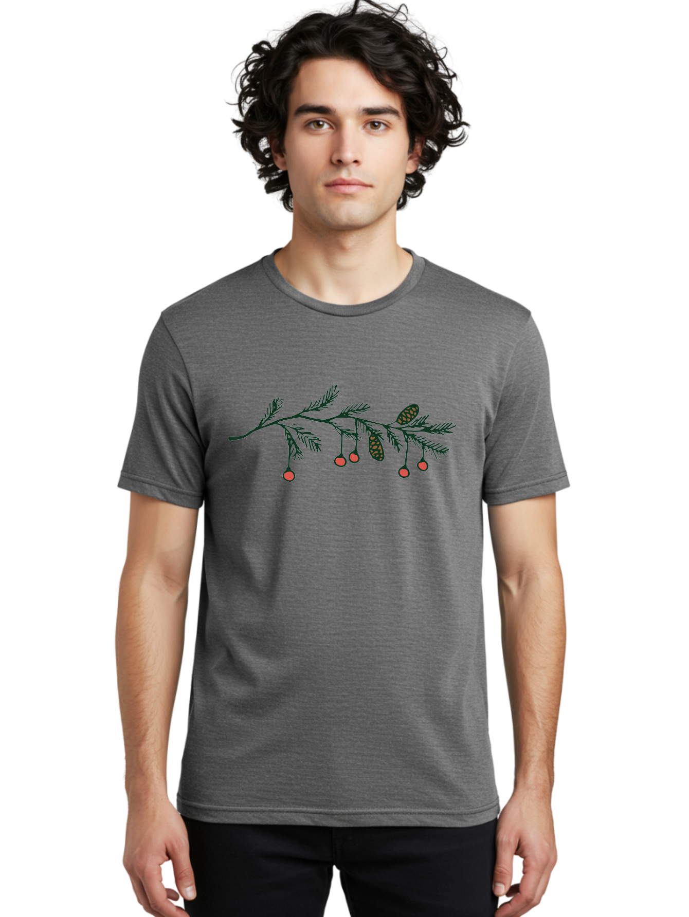 Pine-Branch Men'S Graphic Tee, 100% Cotton, Comfortable Casual Summer Wear, Machine Washable, Pine Branch, Red Berries, Pine Cones, Festive Decor, Holiday Theme, Cartoon Style, Simple Design, Minimalist Art Aab037 10
