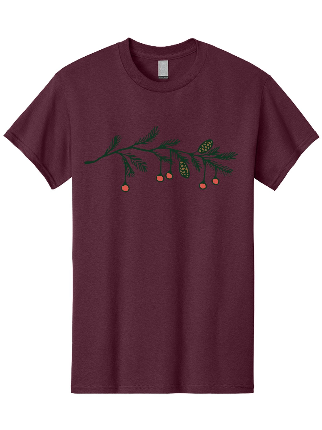 Pine-Branch Men'S Graphic Tee, 100% Cotton, Comfortable Casual Summer Wear, Machine Washable, Pine Branch, Red Berries, Pine Cones, Festive Decor, Holiday Theme, Cartoon Style, Simple Design, Minimalist Art Aab037 13