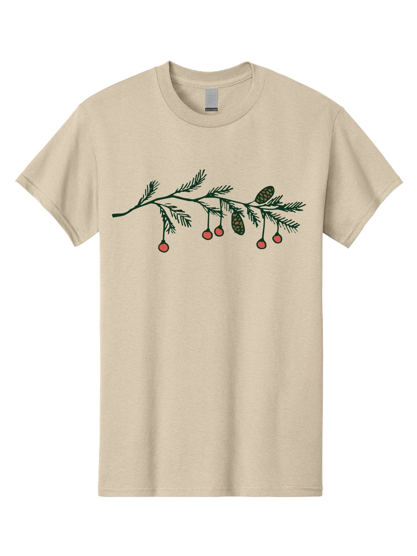 Pine-Branch Men'S Graphic Tee, 100% Cotton, Comfortable Casual Summer Wear, Machine Washable, Pine Branch, Red Berries, Pine Cones, Festive Decor, Holiday Theme, Cartoon Style, Simple Design, Minimalist Art Aab037 15