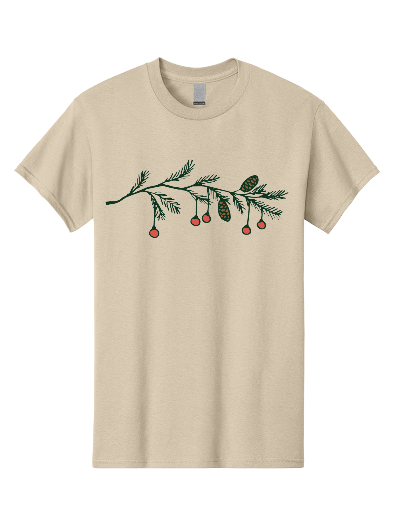 Pine-Branch Men'S Graphic Tee, 100% Cotton, Comfortable Casual Summer Wear, Machine Washable, Pine Branch, Red Berries, Pine Cones, Festive Decor, Holiday Theme, Cartoon Style, Simple Design, Minimalist Art Aab037 27