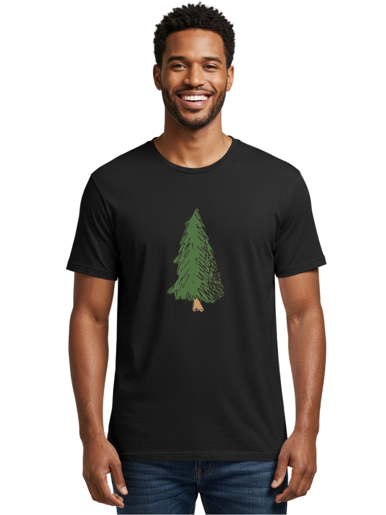 Pine-Tree-2 Men'S Graphic Tee, 100% Cotton, Comfortable Casual Summer Wear, Machine Washable, Evergreen Tree, Pine Tree, Cartoon Illustration, Simple Drawing, Green Foliage, Tree Trunk, Forest Art, Digital Graphics Aab041 21