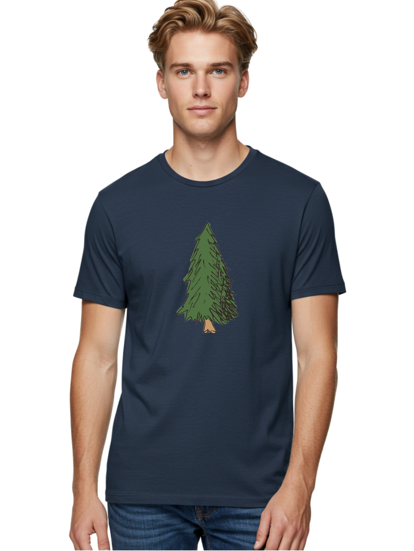 Pine-Tree-2 Men'S Graphic Tee, 100% Cotton, Comfortable Casual Summer Wear, Machine Washable, Evergreen Tree, Pine Tree, Cartoon Illustration, Simple Drawing, Green Foliage, Tree Trunk, Forest Art, Digital Graphics Aab041 20