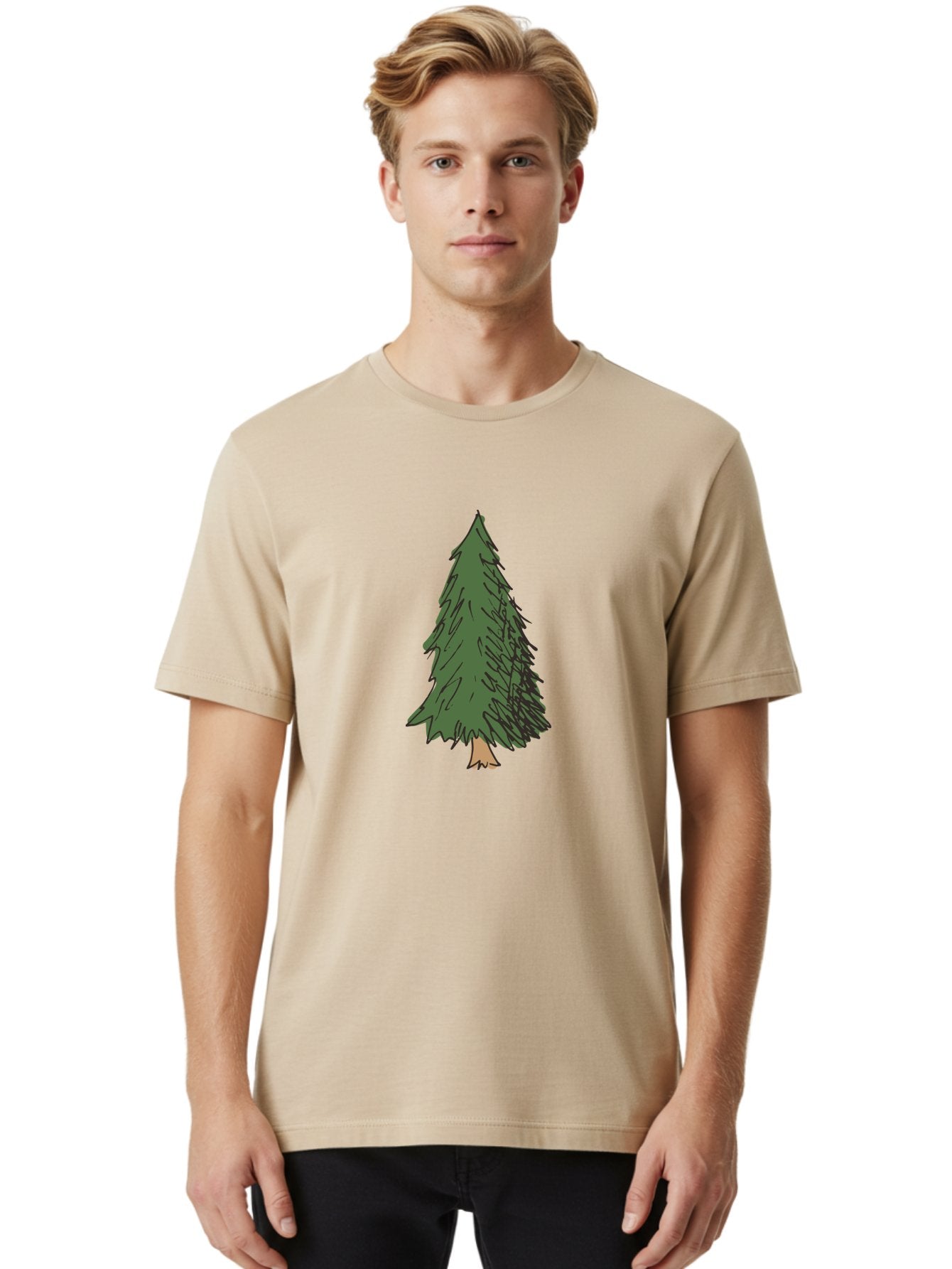 Pine-Tree-2 Men'S Graphic Tee, 100% Cotton, Comfortable Casual Summer Wear, Machine Washable, Evergreen Tree, Pine Tree, Cartoon Illustration, Simple Drawing, Green Foliage, Tree Trunk, Forest Art, Digital Graphics Aab041 20