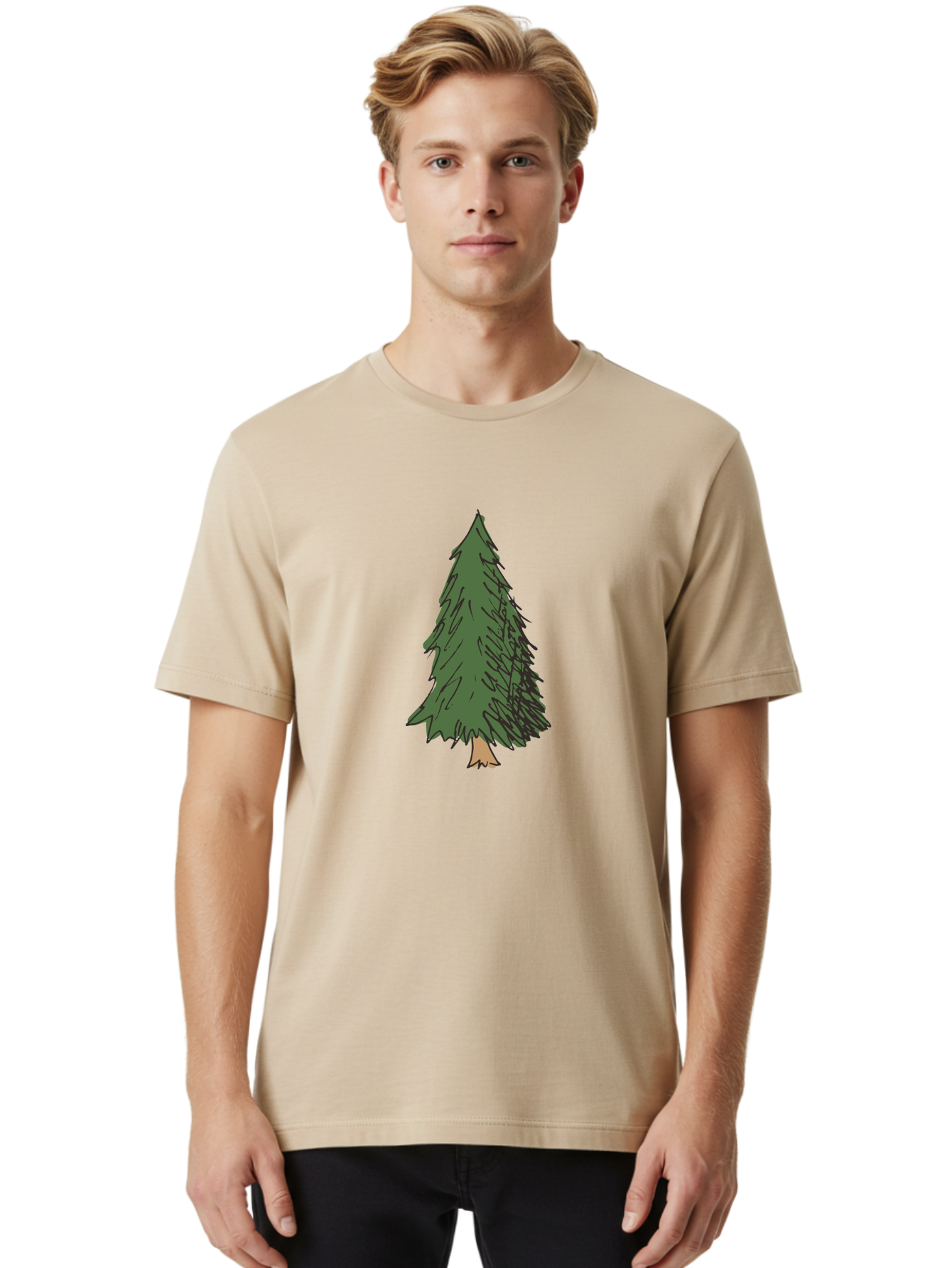 Pine-Tree-2 Men'S Graphic Tee, 100% Cotton, Comfortable Casual Summer Wear, Machine Washable, Evergreen Tree, Pine Tree, Cartoon Illustration, Simple Drawing, Green Foliage, Tree Trunk, Forest Art, Digital Graphics Aab041 28