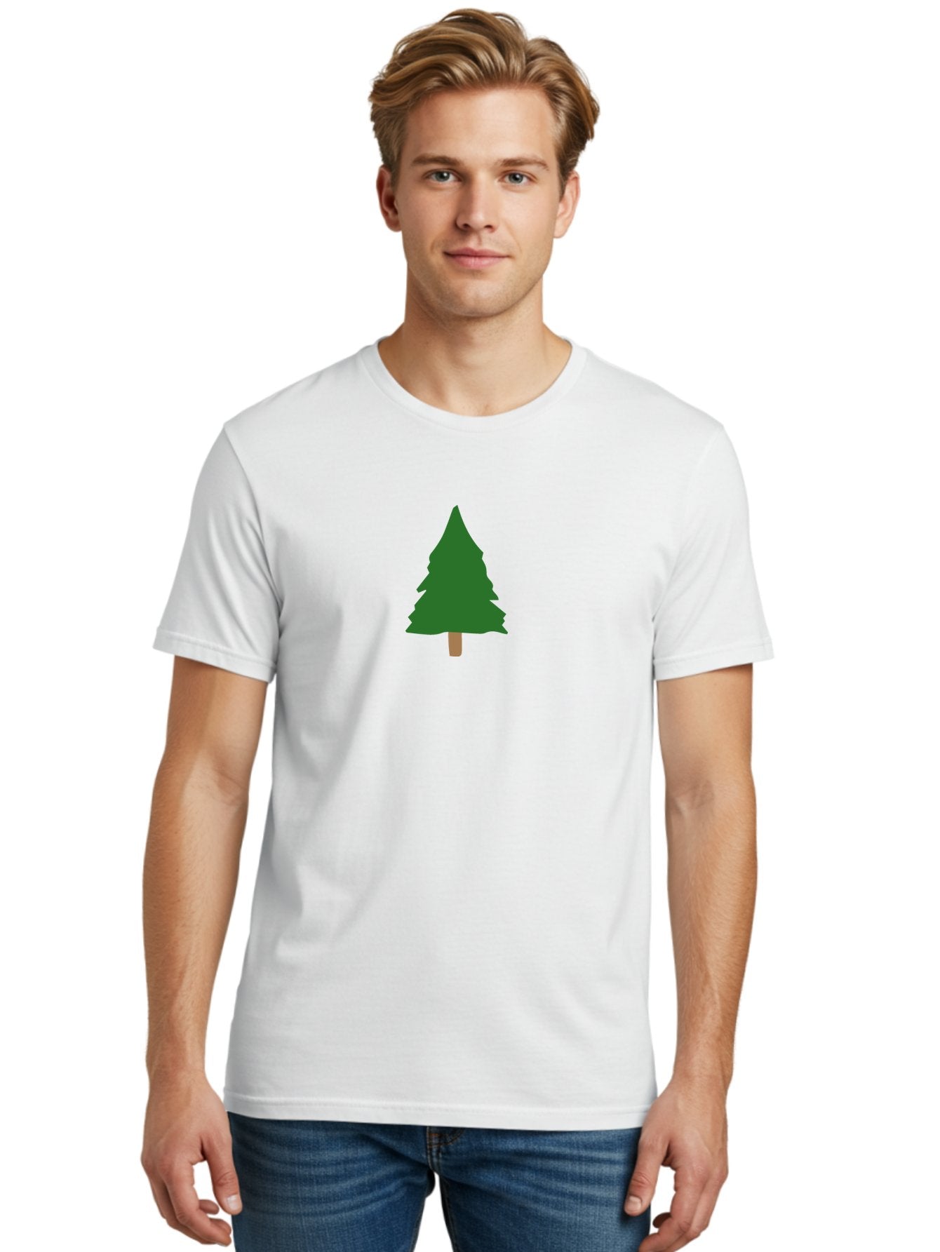 Pine-Tree-3 Men'S Graphic Tee, 100% Cotton, Comfortable Casual Summer Wear, Machine Washable, Simple Pine Tree, Cartoon Style, Evergreen Tree, Conical Shape, Brown Trunk, Digital Art, Minimalist Design Aab042 26