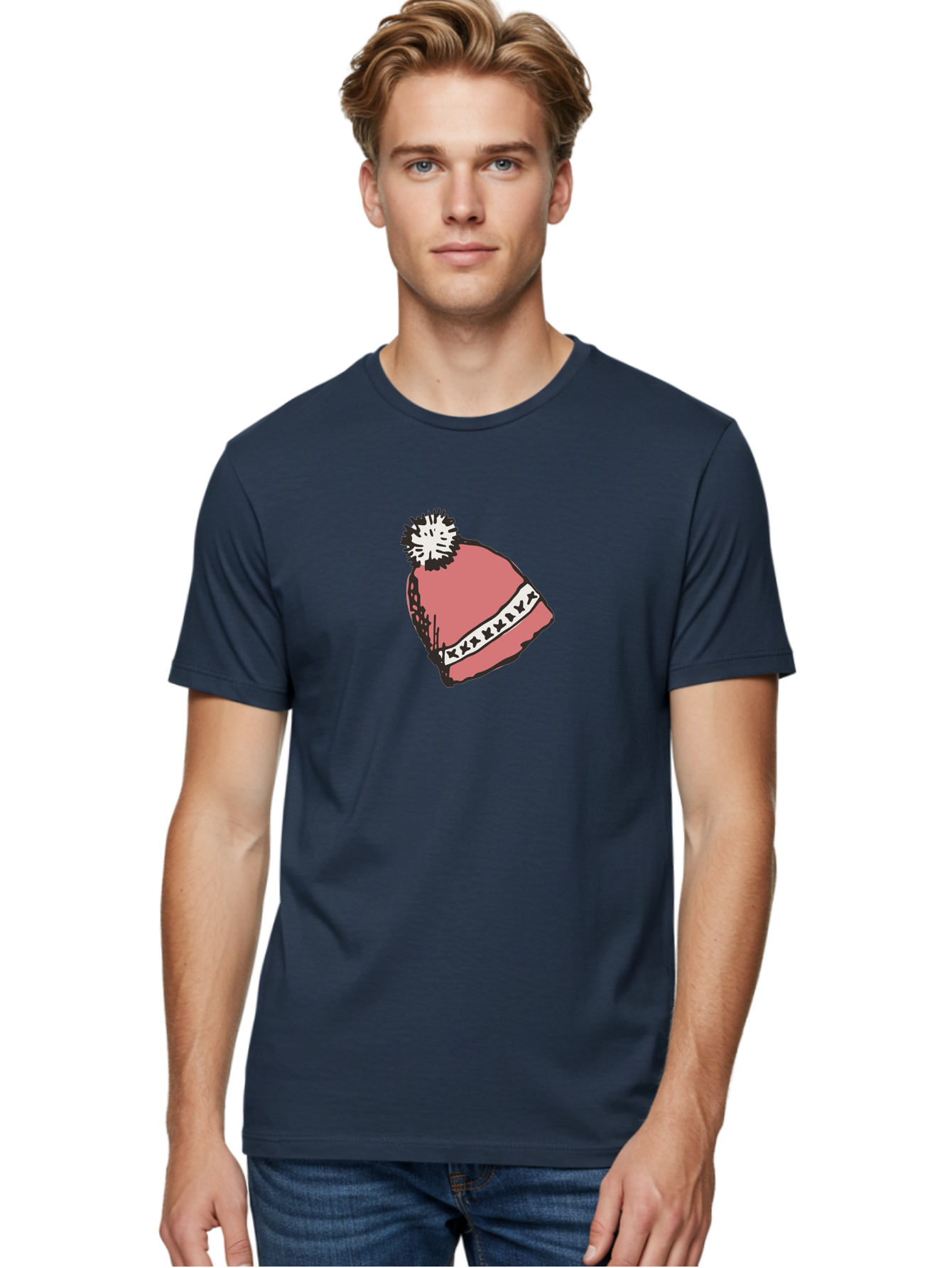 Pink-Hat Men'S Graphic Tee, 100% Cotton, Comfortable Casual Summer Wear, Machine Washable, Winter Hat, Pink Knitted Hat, Festive Headgear, White Pom-Pom, Seasonal Fashion, Cold Weather Clothing, Stylish Accessories, X X X X Y Pattern Aab044 20