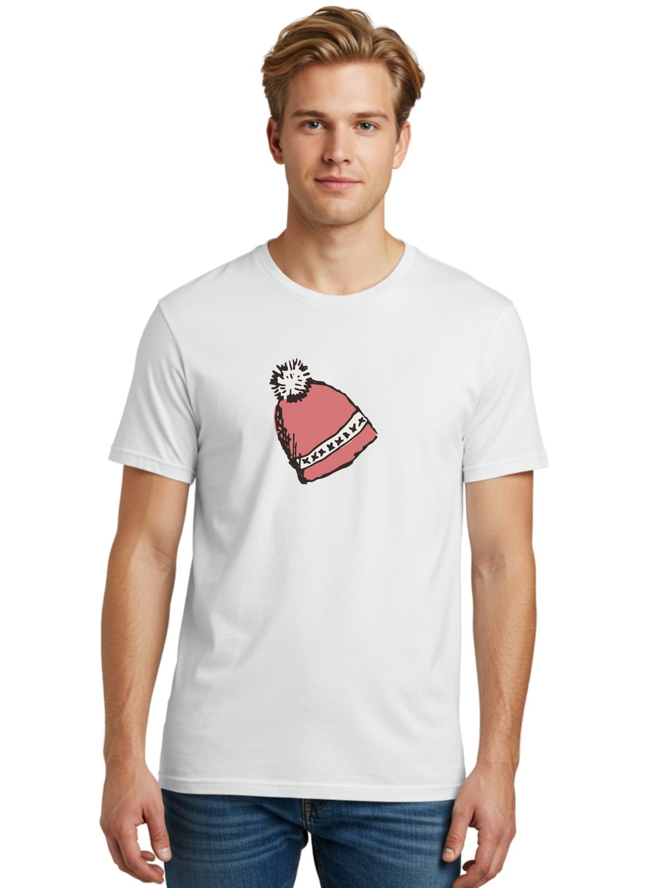 Pink-Hat Men'S Graphic Tee, 100% Cotton, Comfortable Casual Summer Wear, Machine Washable, Winter Hat, Pink Knitted Hat, Festive Headgear, White Pom-Pom, Seasonal Fashion, Cold Weather Clothing, Stylish Accessories, X X X X Y Pattern Aab044 30