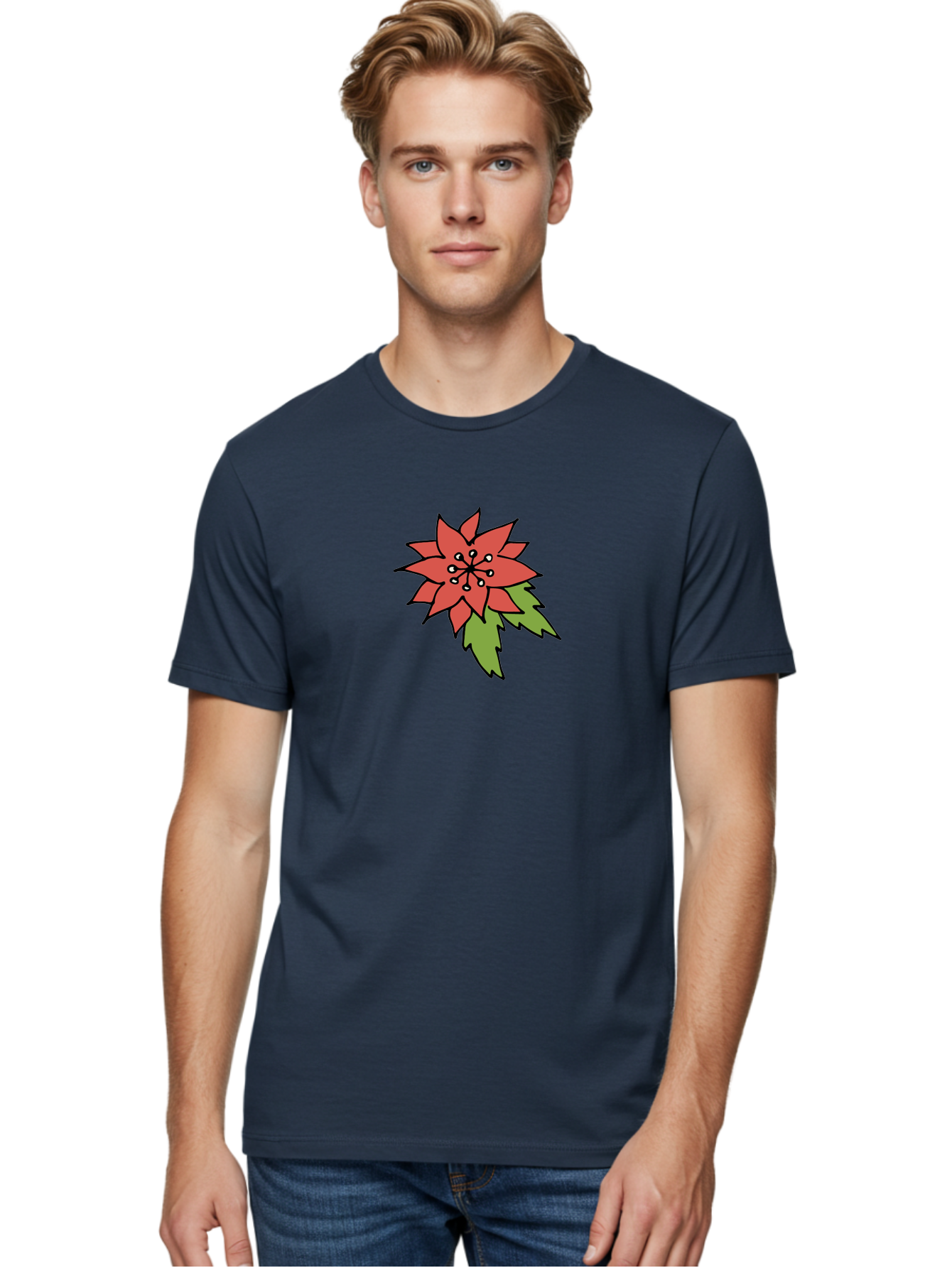 Poinsettia-2 Men'S Graphic Tee, 100% Cotton, Comfortable Casual Summer Wear, Machine Washable, Red Poinsettia Flower, Festive Holiday Decor, Christmas Plant, Symbolic Blooms, Vibrant Red Petals, Green Leaves, Winter Flowers, Aab047 12