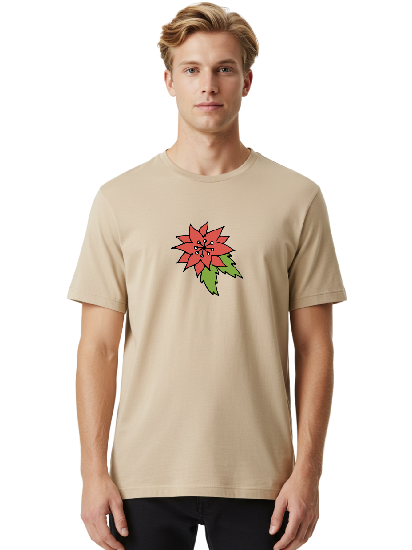 Poinsettia-2 Men'S Graphic Tee, 100% Cotton, Comfortable Casual Summer Wear, Machine Washable, Red Poinsettia Flower, Festive Holiday Decor, Christmas Plant, Symbolic Blooms, Vibrant Red Petals, Green Leaves, Winter Flowers, Aab047 18