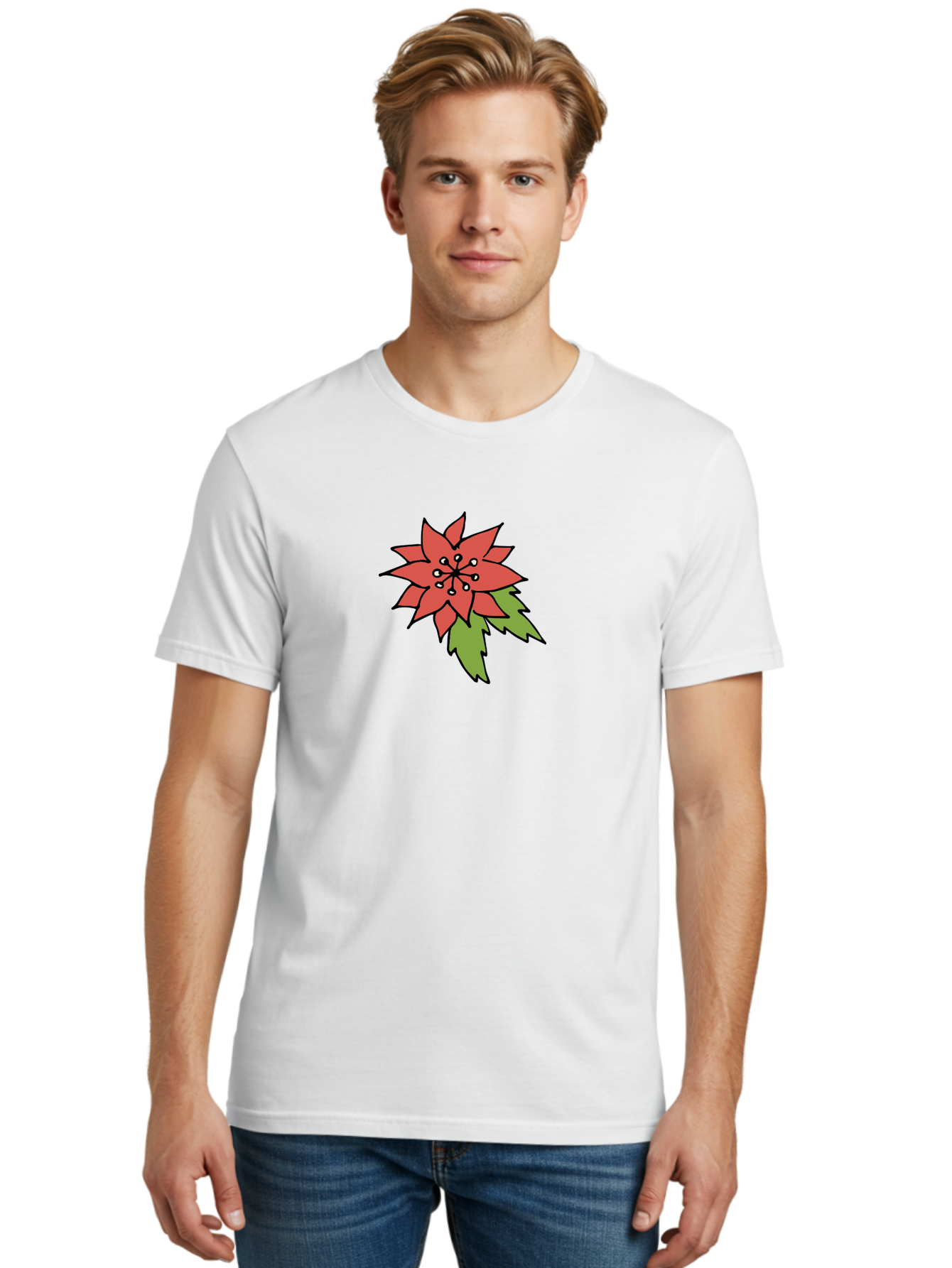Poinsettia-2 Men'S Graphic Tee, 100% Cotton, Comfortable Casual Summer Wear, Machine Washable, Red Poinsettia Flower, Festive Holiday Decor, Christmas Plant, Symbolic Blooms, Vibrant Red Petals, Green Leaves, Winter Flowers, Aab047 14