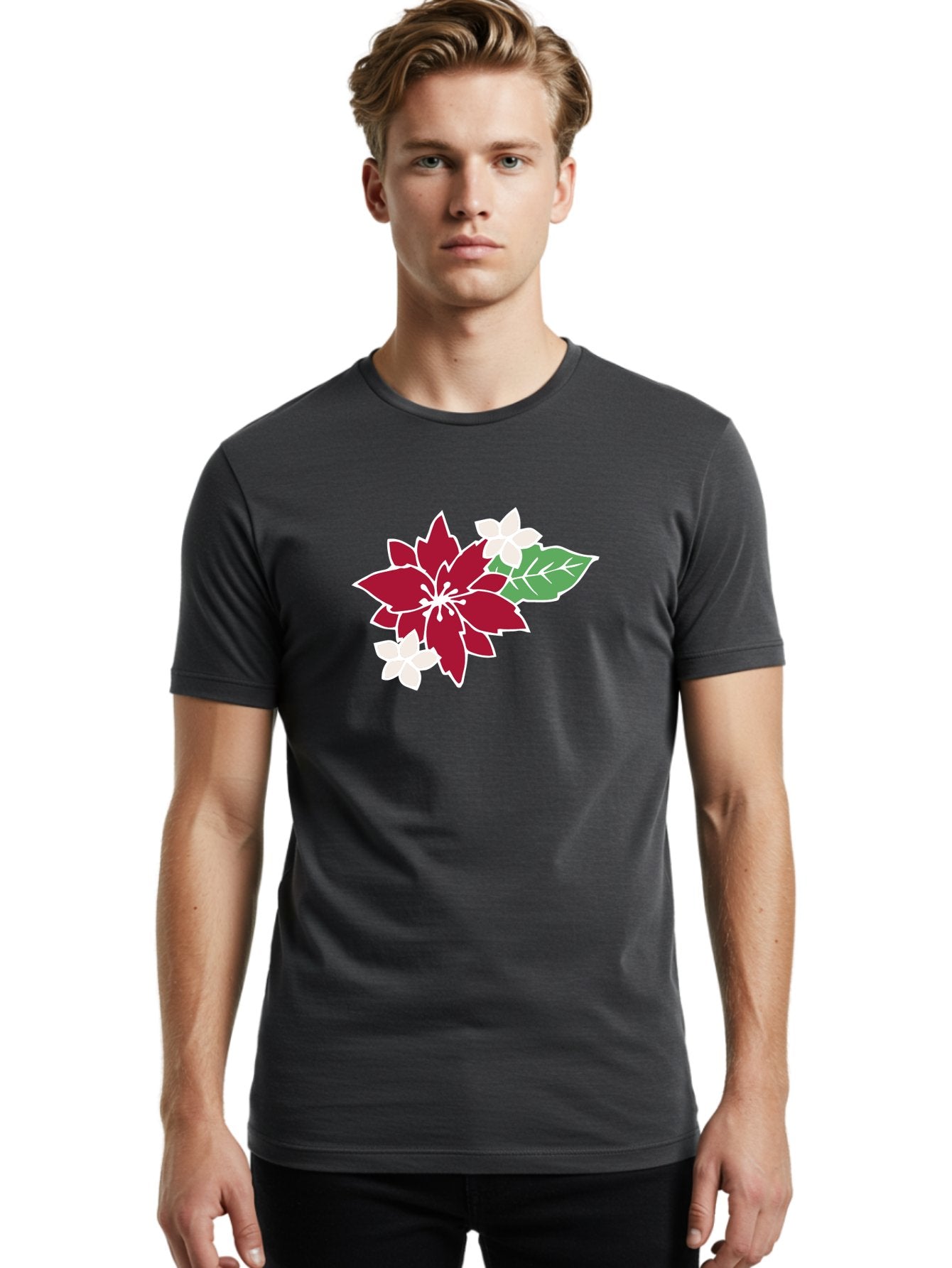 Poinsettia-3 Men'S Graphic Tee, 100% Cotton, Comfortable Casual Summer Wear, Machine Washable, Poinsettia Flowers, Red And White Blooms, Festive Holiday Decor, Christmas Flowers, Floral Arrangements, Winter Flowers Aab048 16