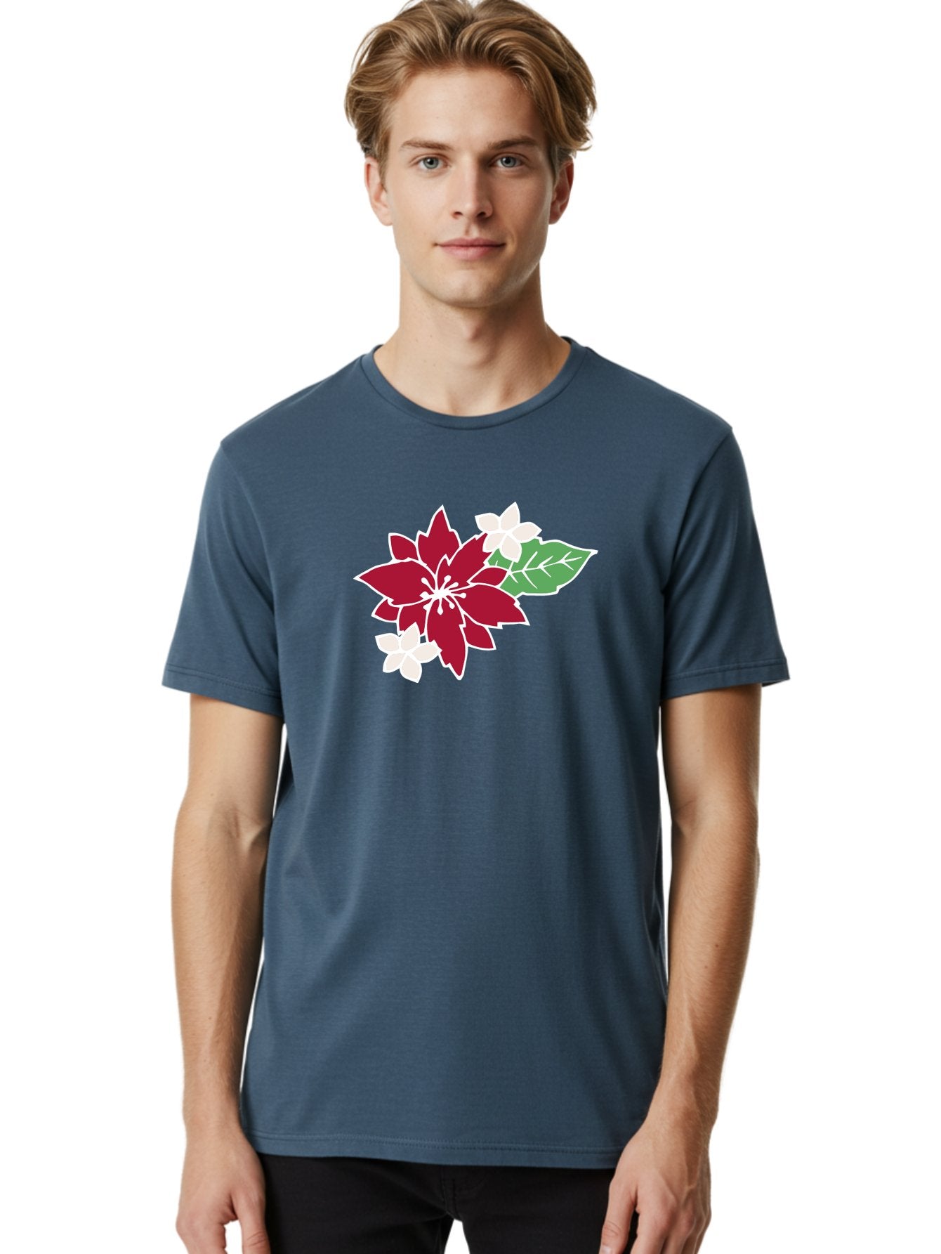 Poinsettia-3 Men'S Graphic Tee, 100% Cotton, Comfortable Casual Summer Wear, Machine Washable, Poinsettia Flowers, Red And White Blooms, Festive Holiday Decor, Christmas Flowers, Floral Arrangements, Winter Flowers Aab048 23