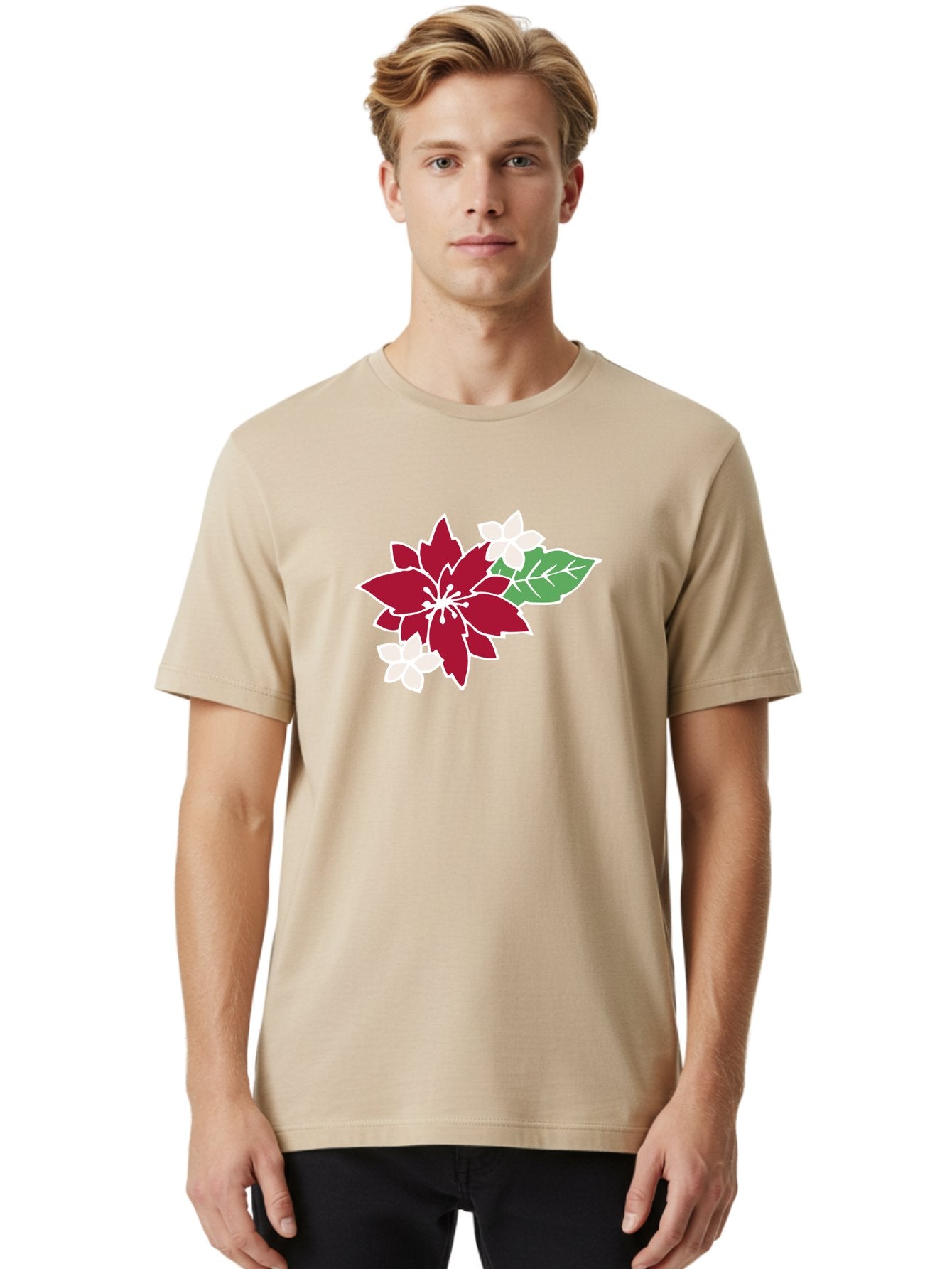 Poinsettia-3 Men'S Graphic Tee, 100% Cotton, Comfortable Casual Summer Wear, Machine Washable, Poinsettia Flowers, Red And White Blooms, Festive Holiday Decor, Christmas Flowers, Floral Arrangements, Winter Flowers Aab048 21