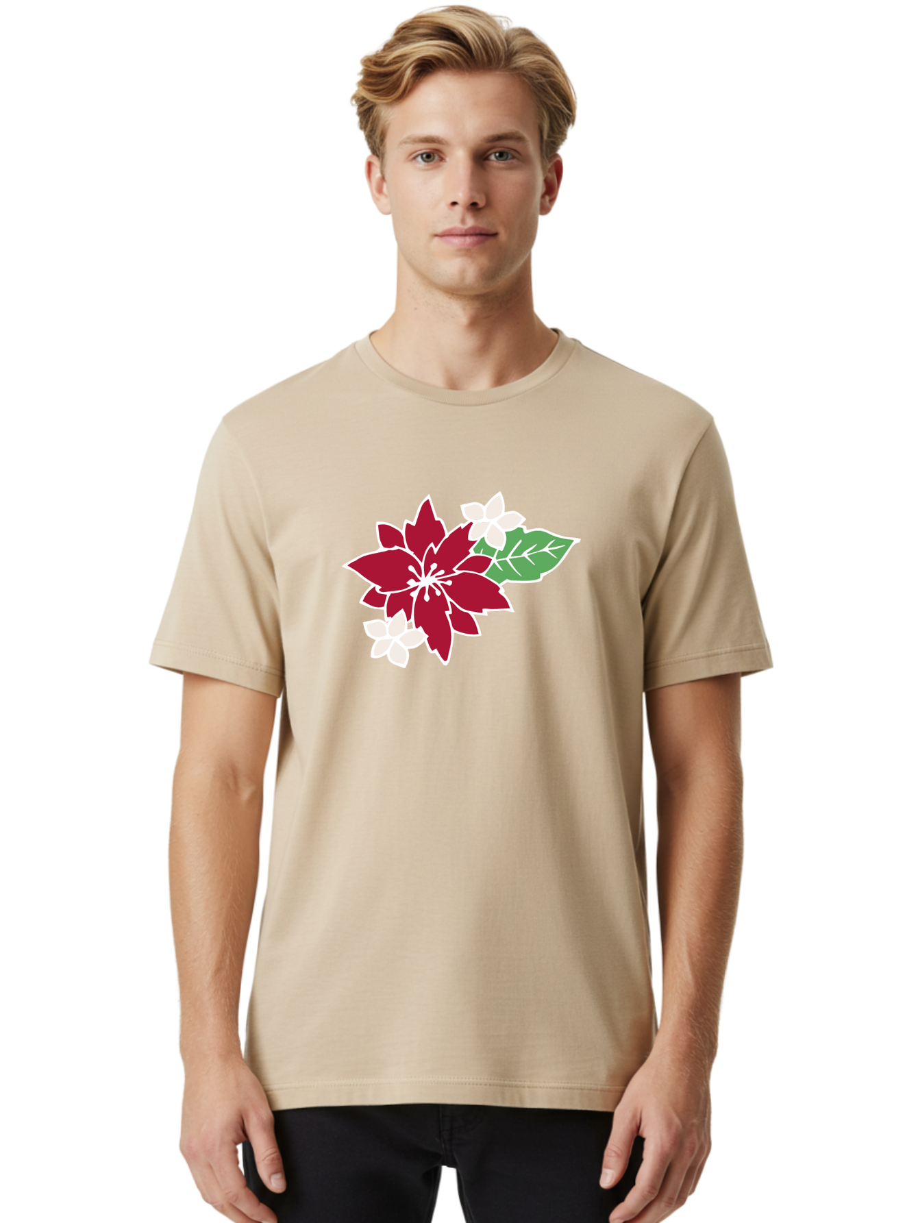 Poinsettia-3 Men'S Graphic Tee, 100% Cotton, Comfortable Casual Summer Wear, Machine Washable, Poinsettia Flowers, Red And White Blooms, Festive Holiday Decor, Christmas Flowers, Floral Arrangements, Winter Flowers Aab048 20