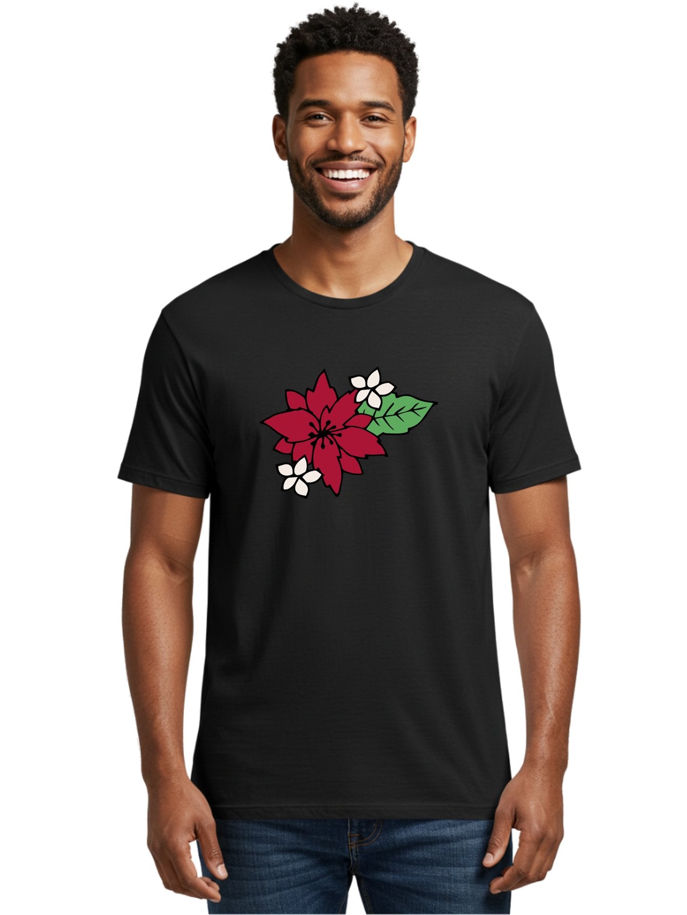 Poinsettia-Flower Men'S Graphic Tee, 100% Cotton, Comfortable Casual Summer Wear, Machine Washable, Red Poinsettia, White Flowers, Green Leaves, Festive Flowers, Holiday Decor, Christmas Plant, Winter Blooms, Floral Arrangement Aab049 16