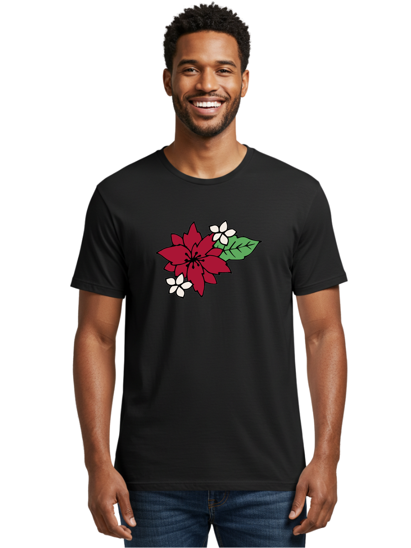 Poinsettia-Flower Men'S Graphic Tee, 100% Cotton, Comfortable Casual Summer Wear, Machine Washable, Red Poinsettia, White Flowers, Green Leaves, Festive Flowers, Holiday Decor, Christmas Plant, Winter Blooms, Floral Arrangement Aab049 26