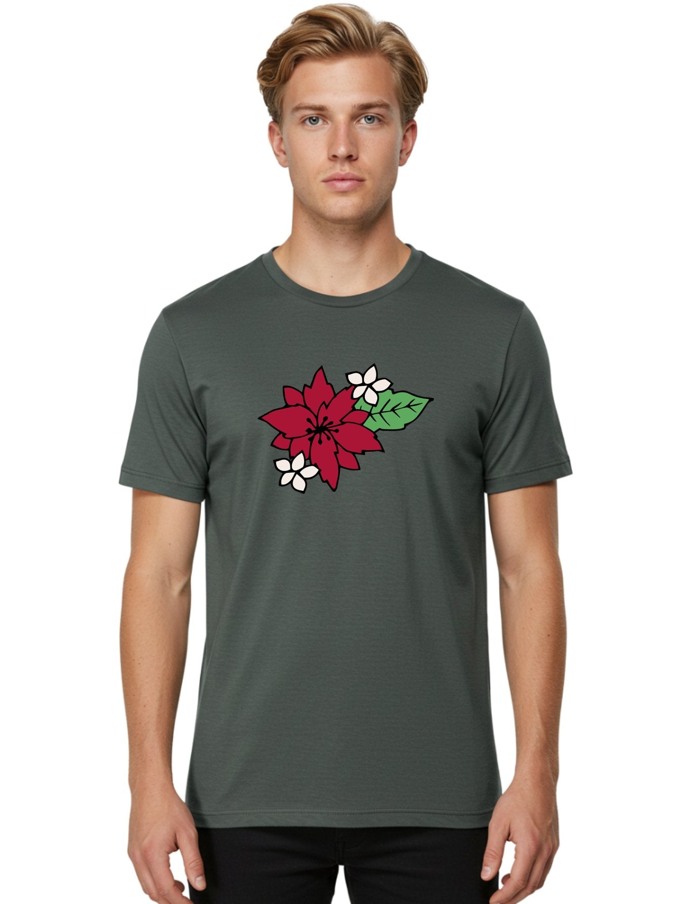 Poinsettia-Flower Men'S Graphic Tee, 100% Cotton, Comfortable Casual Summer Wear, Machine Washable, Red Poinsettia, White Flowers, Green Leaves, Festive Flowers, Holiday Decor, Christmas Plant, Winter Blooms, Floral Arrangement Aab049 25
