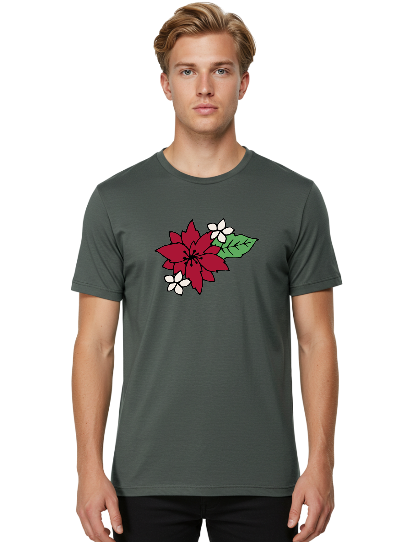 Poinsettia-Flower Men'S Graphic Tee, 100% Cotton, Comfortable Casual Summer Wear, Machine Washable, Red Poinsettia, White Flowers, Green Leaves, Festive Flowers, Holiday Decor, Christmas Plant, Winter Blooms, Floral Arrangement Aab049 12