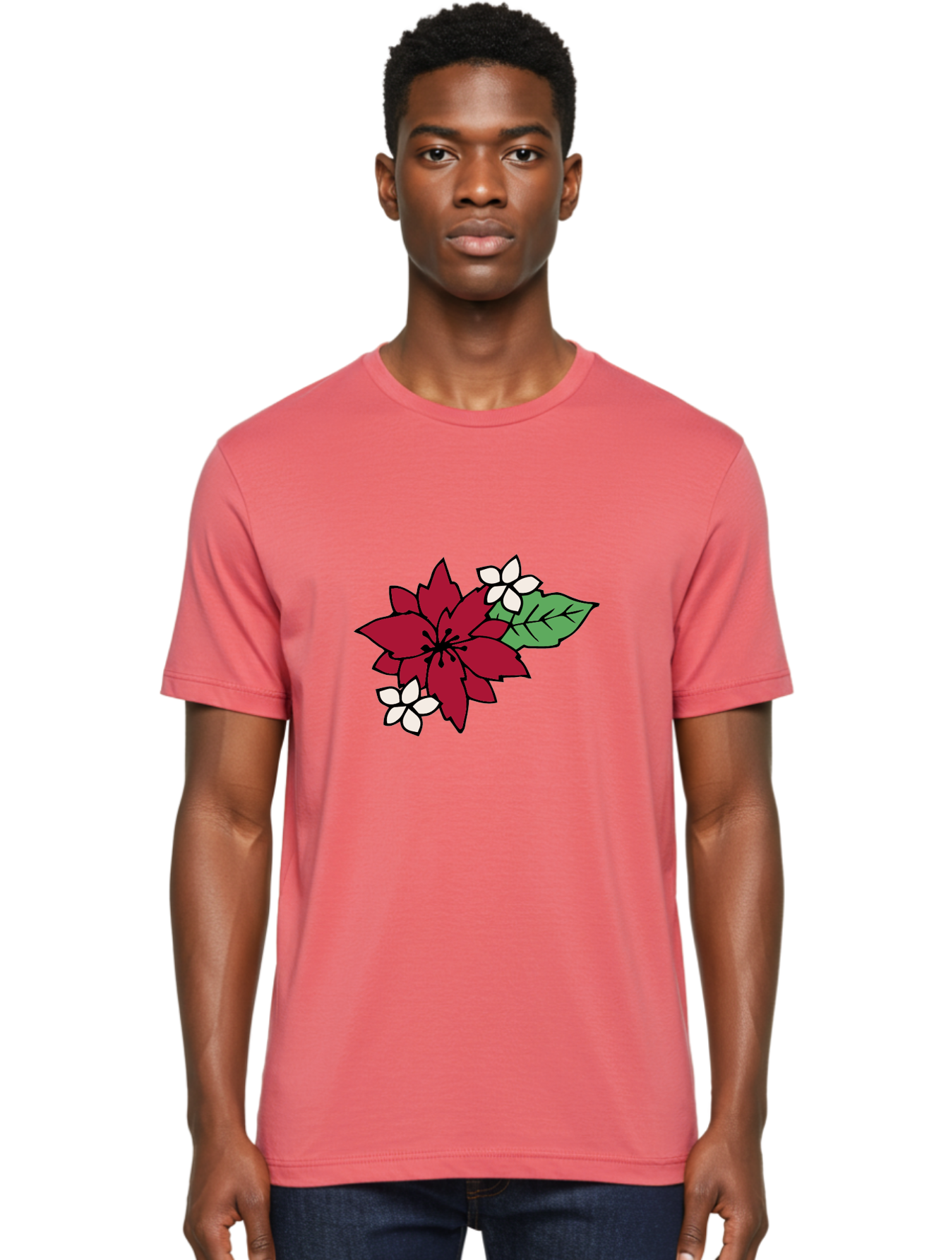 Poinsettia-Flower Men'S Graphic Tee, 100% Cotton, Comfortable Casual Summer Wear, Machine Washable, Red Poinsettia, White Flowers, Green Leaves, Festive Flowers, Holiday Decor, Christmas Plant, Winter Blooms, Floral Arrangement Aab049 30