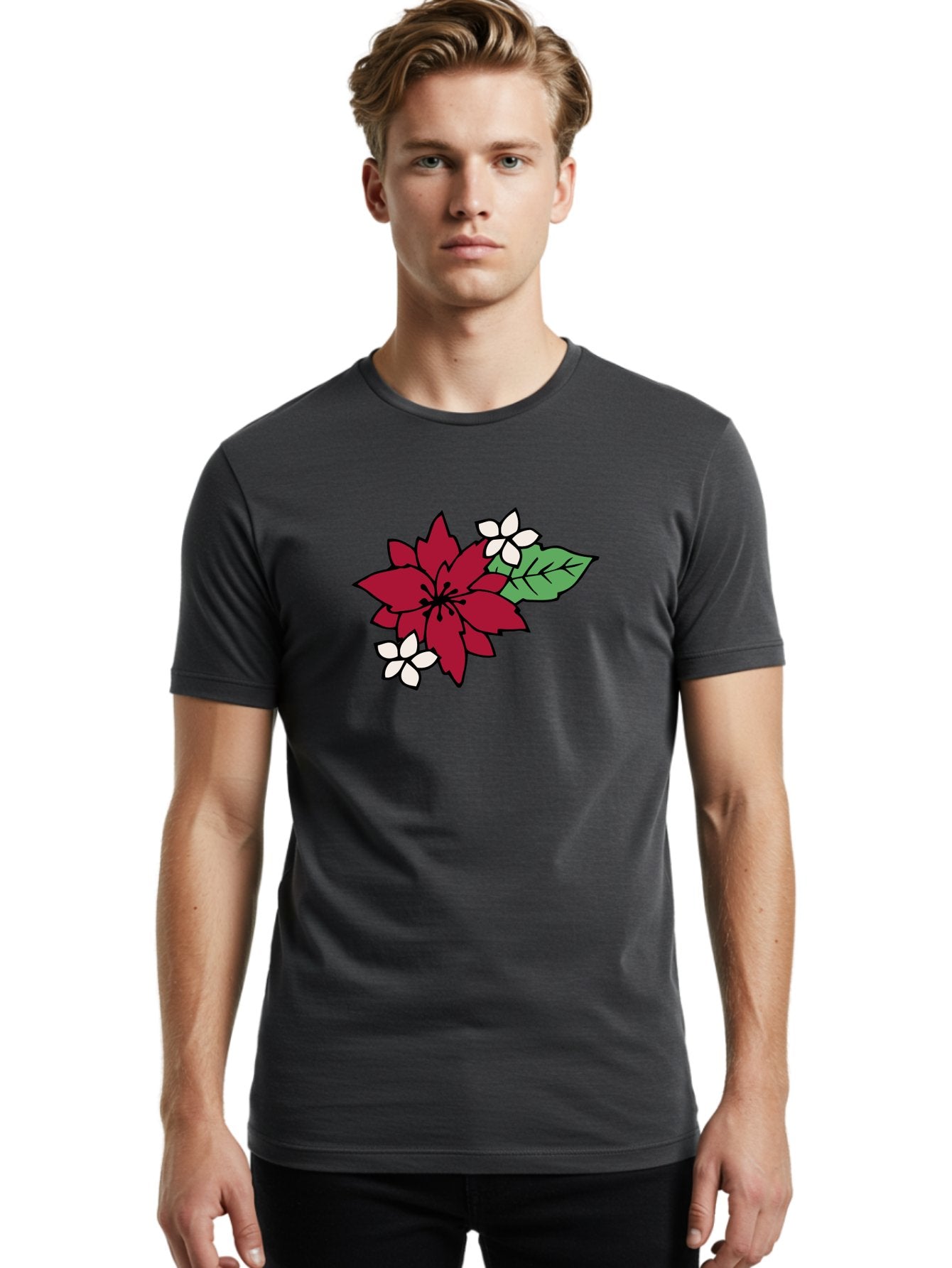 Poinsettia-Flower Men'S Graphic Tee, 100% Cotton, Comfortable Casual Summer Wear, Machine Washable, Red Poinsettia, White Flowers, Green Leaves, Festive Flowers, Holiday Decor, Christmas Plant, Winter Blooms, Floral Arrangement Aab049 27