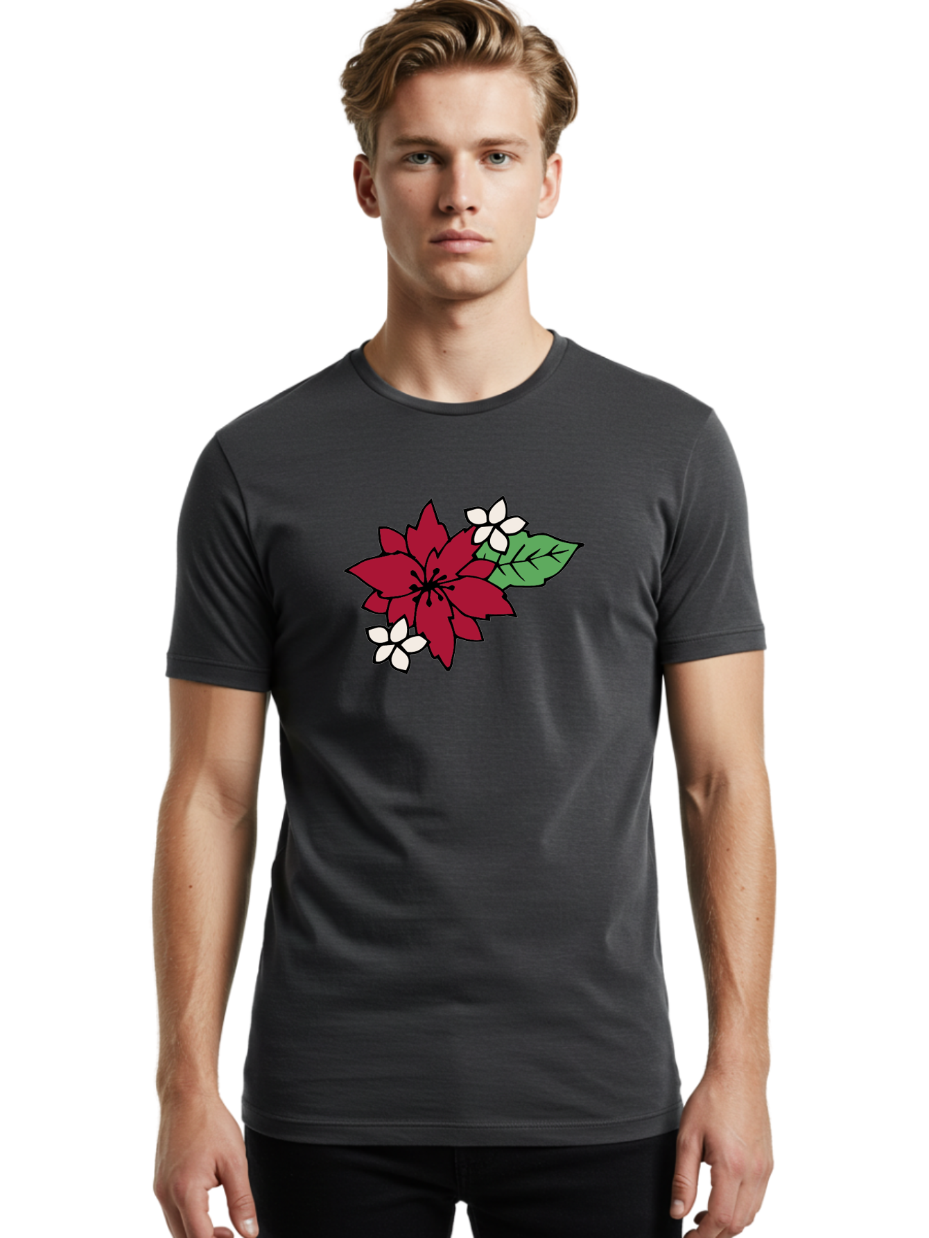 Poinsettia-Flower Men'S Graphic Tee, 100% Cotton, Comfortable Casual Summer Wear, Machine Washable, Red Poinsettia, White Flowers, Green Leaves, Festive Flowers, Holiday Decor, Christmas Plant, Winter Blooms, Floral Arrangement Aab049 8