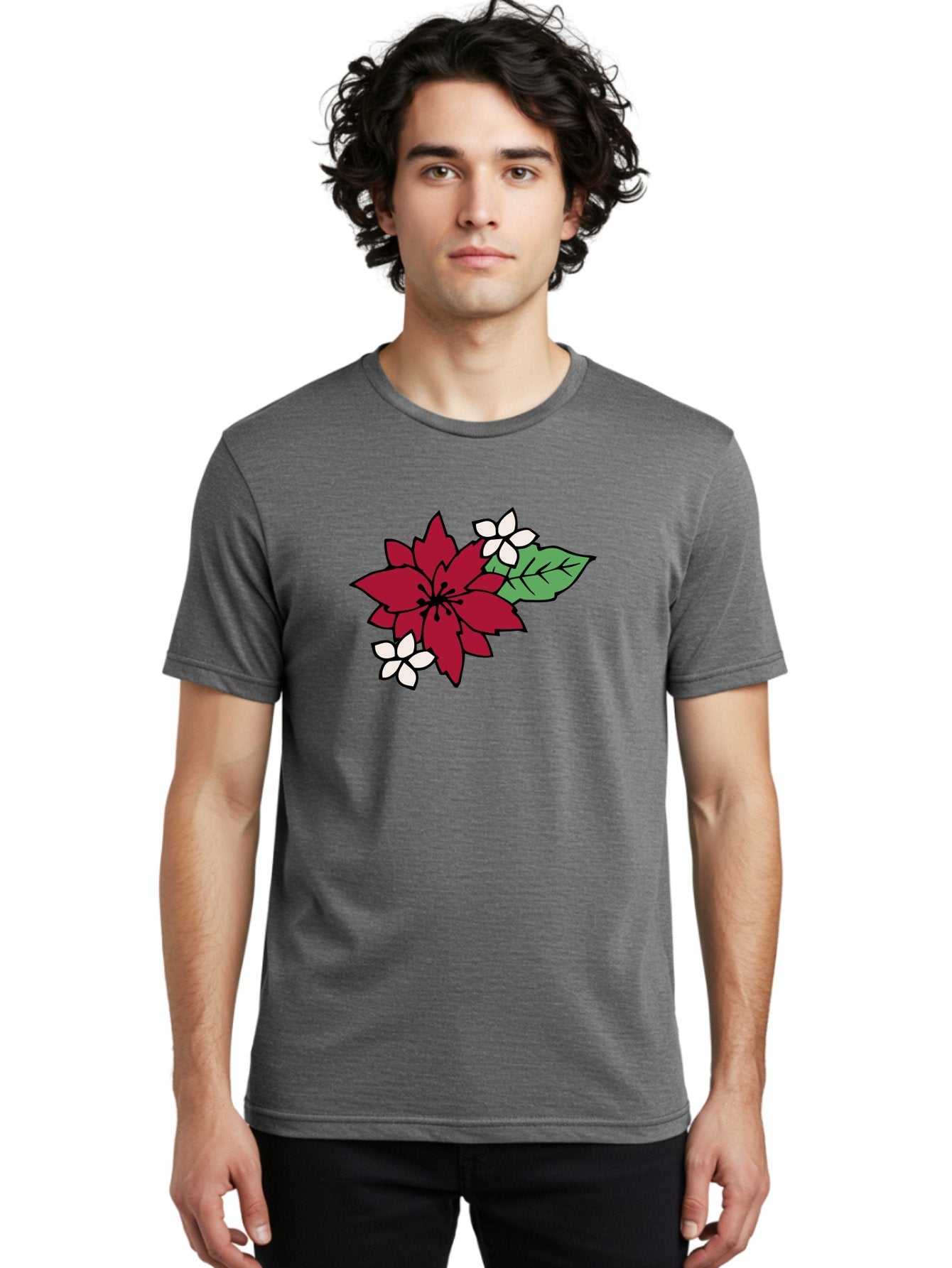 Poinsettia-Flower Men'S Graphic Tee, 100% Cotton, Comfortable Casual Summer Wear, Machine Washable, Red Poinsettia, White Flowers, Green Leaves, Festive Flowers, Holiday Decor, Christmas Plant, Winter Blooms, Floral Arrangement Aab049 17