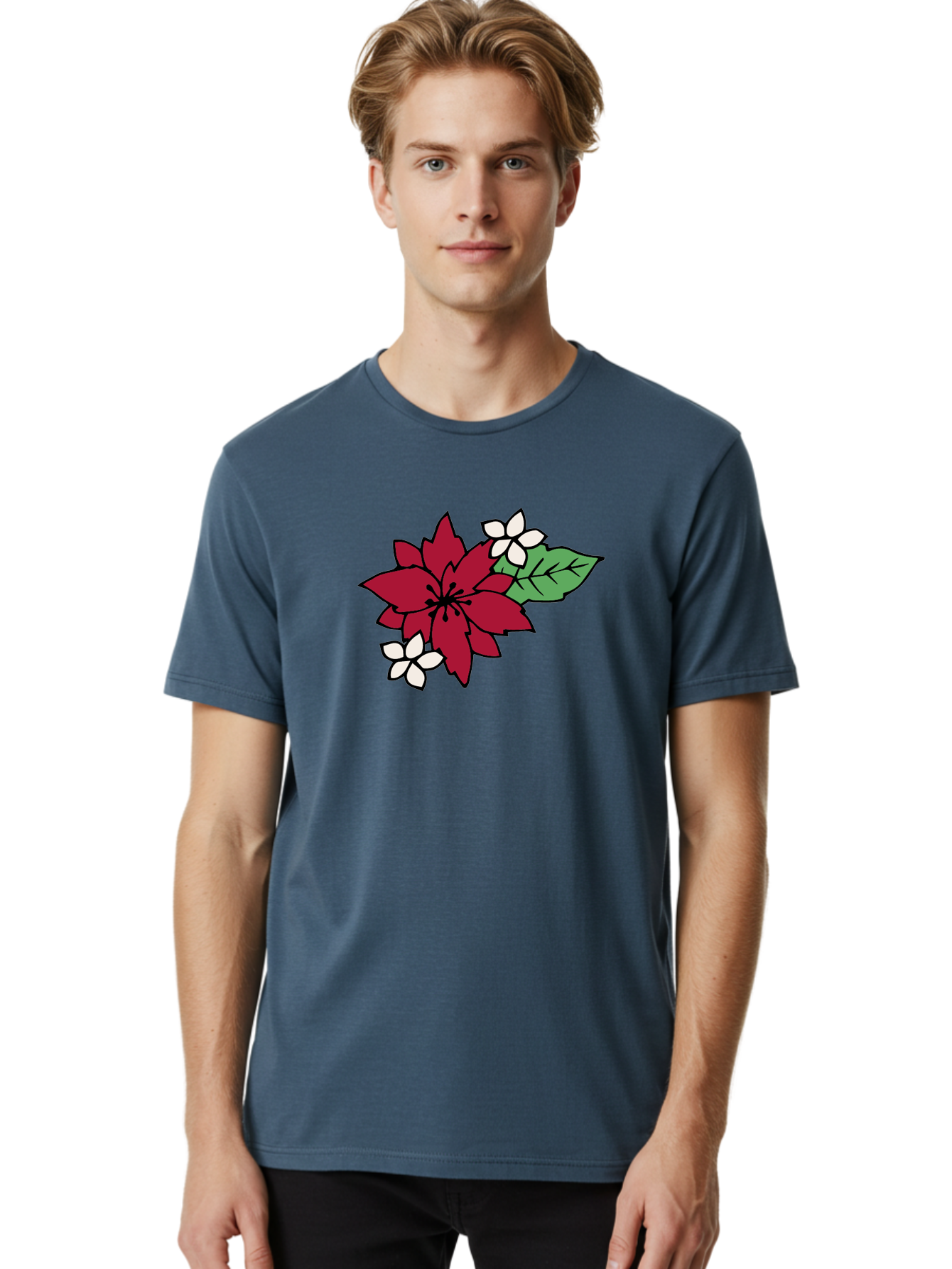 Poinsettia-Flower Men'S Graphic Tee, 100% Cotton, Comfortable Casual Summer Wear, Machine Washable, Red Poinsettia, White Flowers, Green Leaves, Festive Flowers, Holiday Decor, Christmas Plant, Winter Blooms, Floral Arrangement Aab049 10