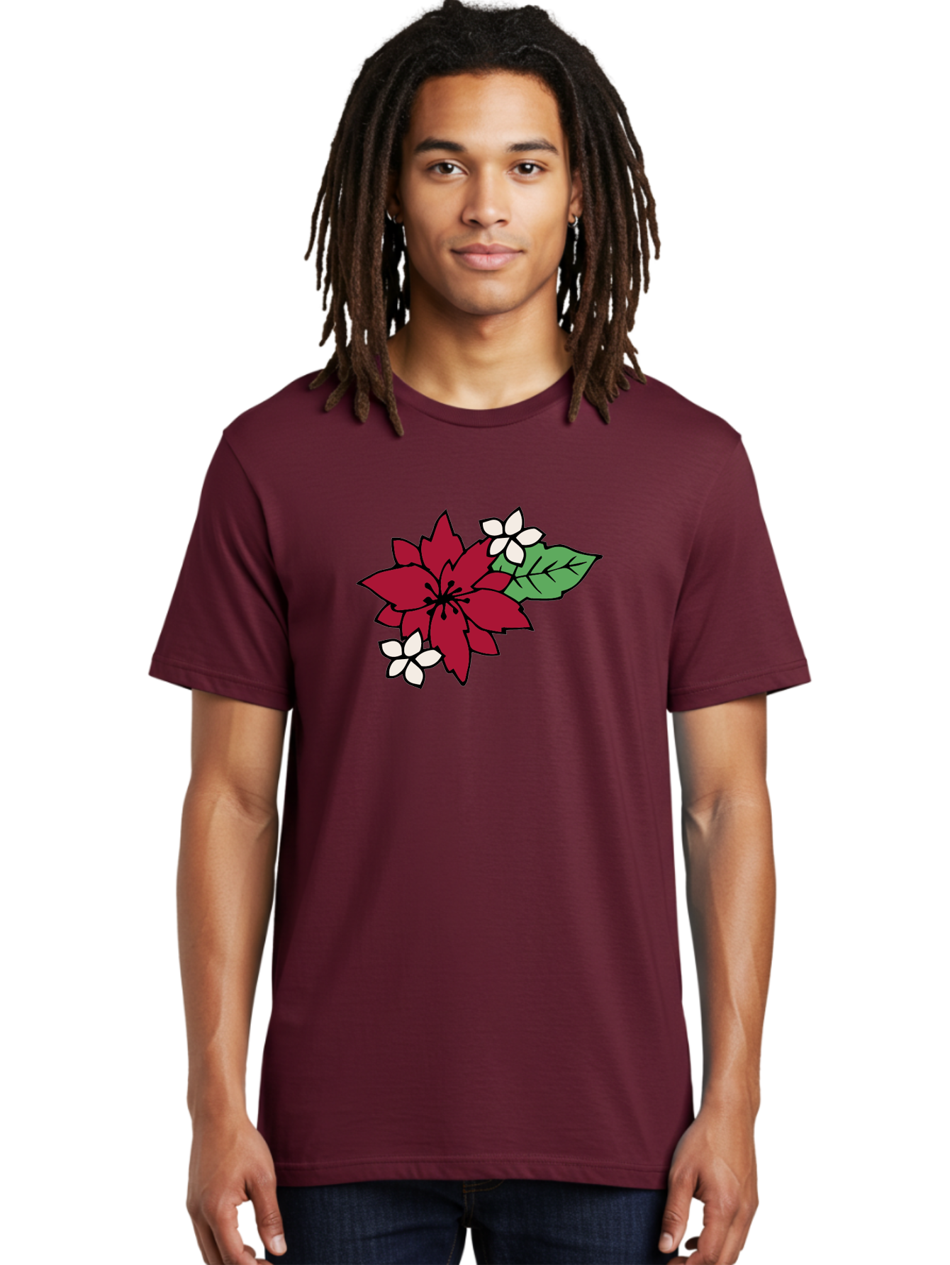 Poinsettia-Flower Men'S Graphic Tee, 100% Cotton, Comfortable Casual Summer Wear, Machine Washable, Red Poinsettia, White Flowers, Green Leaves, Festive Flowers, Holiday Decor, Christmas Plant, Winter Blooms, Floral Arrangement Aab049