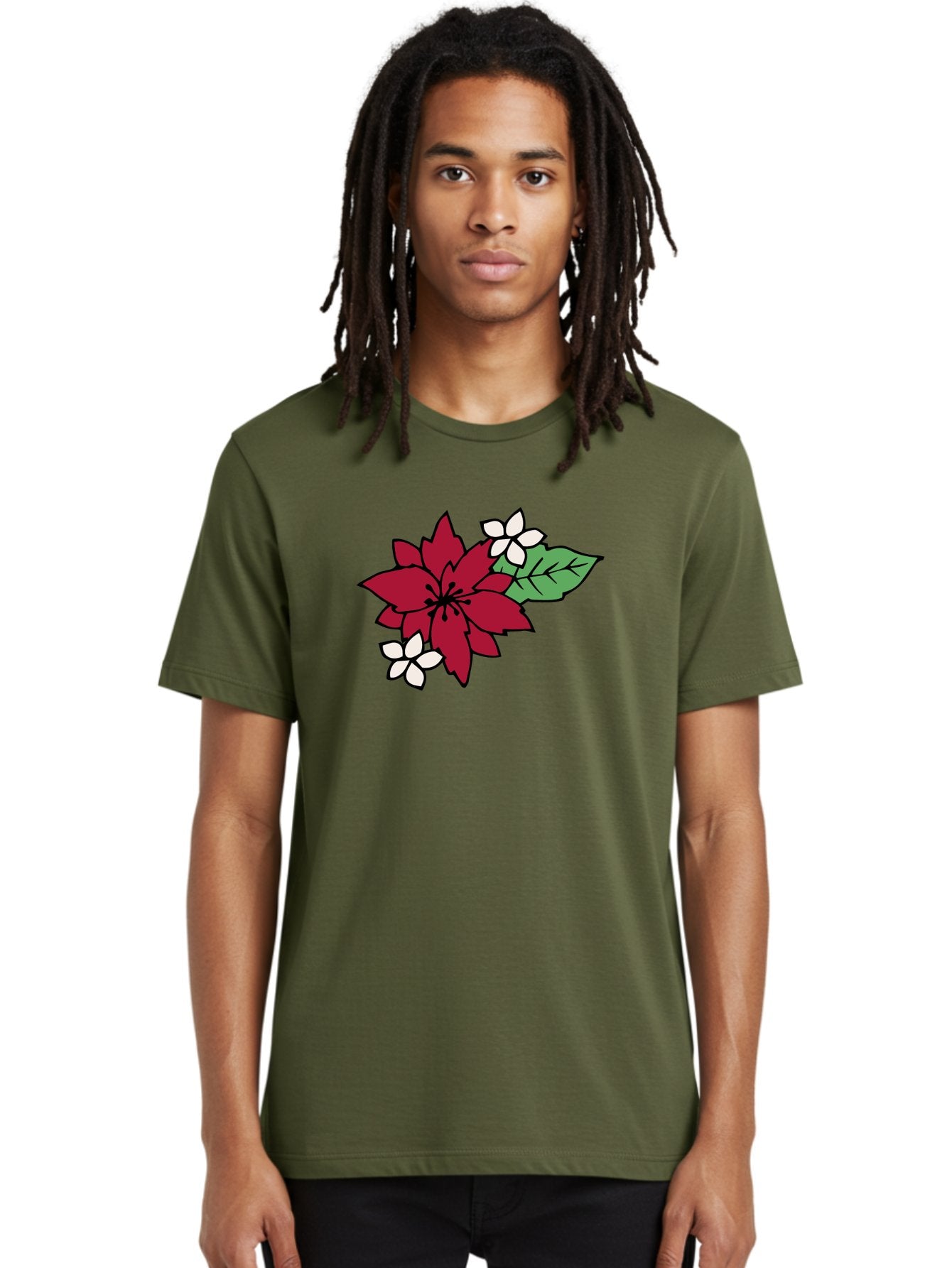 Poinsettia-Flower Men'S Graphic Tee, 100% Cotton, Comfortable Casual Summer Wear, Machine Washable, Red Poinsettia, White Flowers, Green Leaves, Festive Flowers, Holiday Decor, Christmas Plant, Winter Blooms, Floral Arrangement Aab049 18