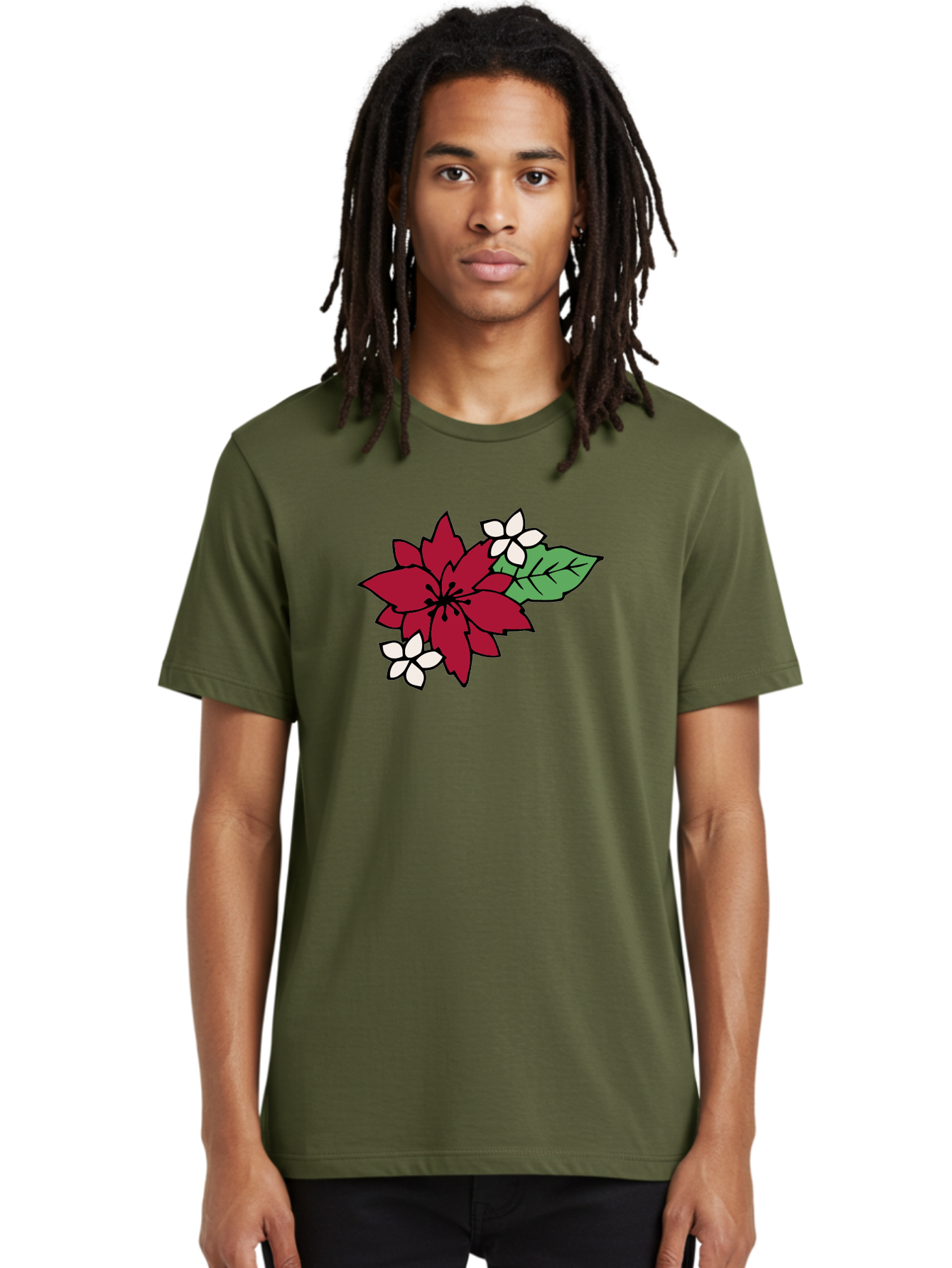 Poinsettia-Flower Men'S Graphic Tee, 100% Cotton, Comfortable Casual Summer Wear, Machine Washable, Red Poinsettia, White Flowers, Green Leaves, Festive Flowers, Holiday Decor, Christmas Plant, Winter Blooms, Floral Arrangement Aab049 24