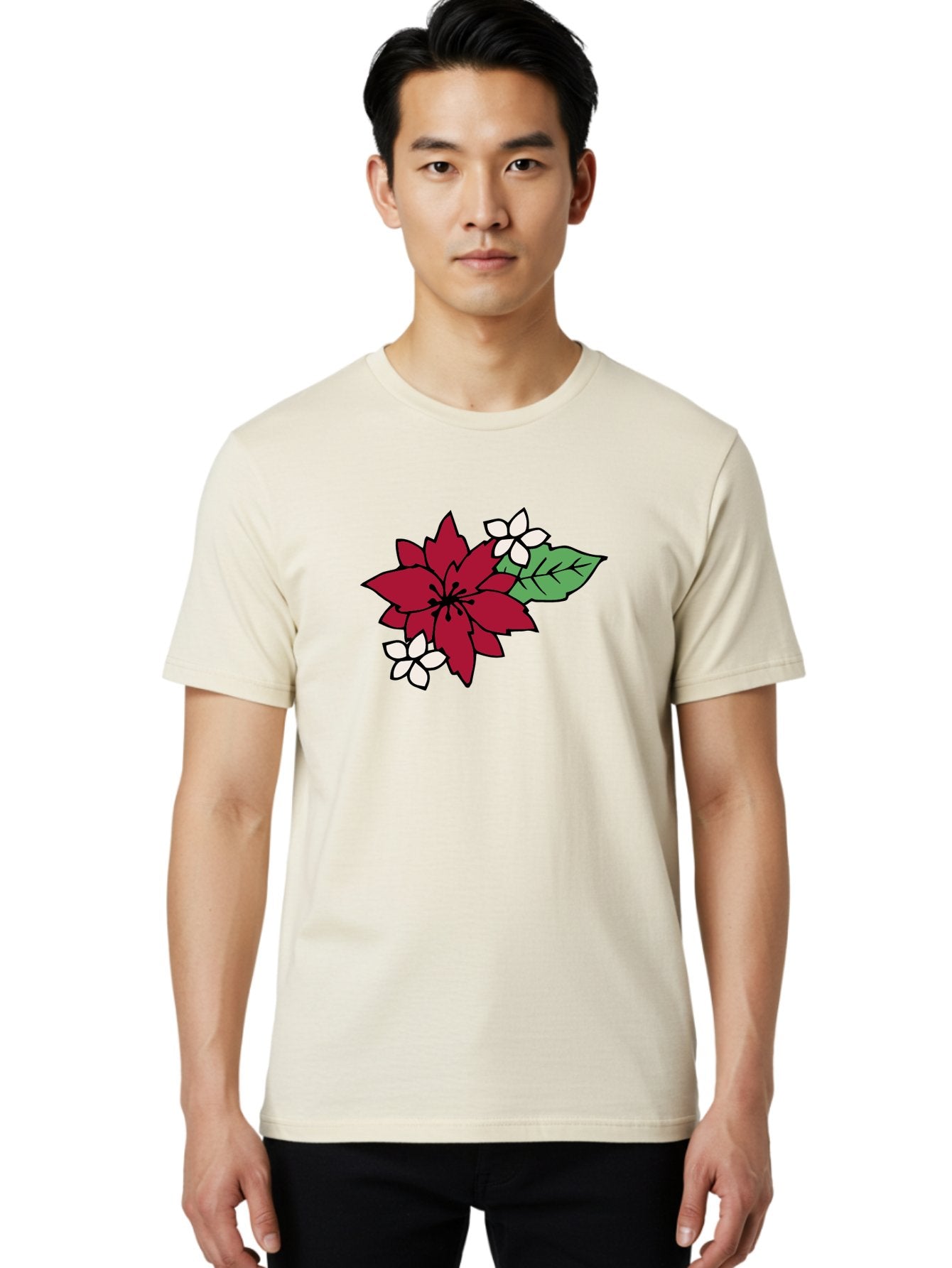 Poinsettia-Flower Men'S Graphic Tee, 100% Cotton, Comfortable Casual Summer Wear, Machine Washable, Red Poinsettia, White Flowers, Green Leaves, Festive Flowers, Holiday Decor, Christmas Plant, Winter Blooms, Floral Arrangement Aab049 22