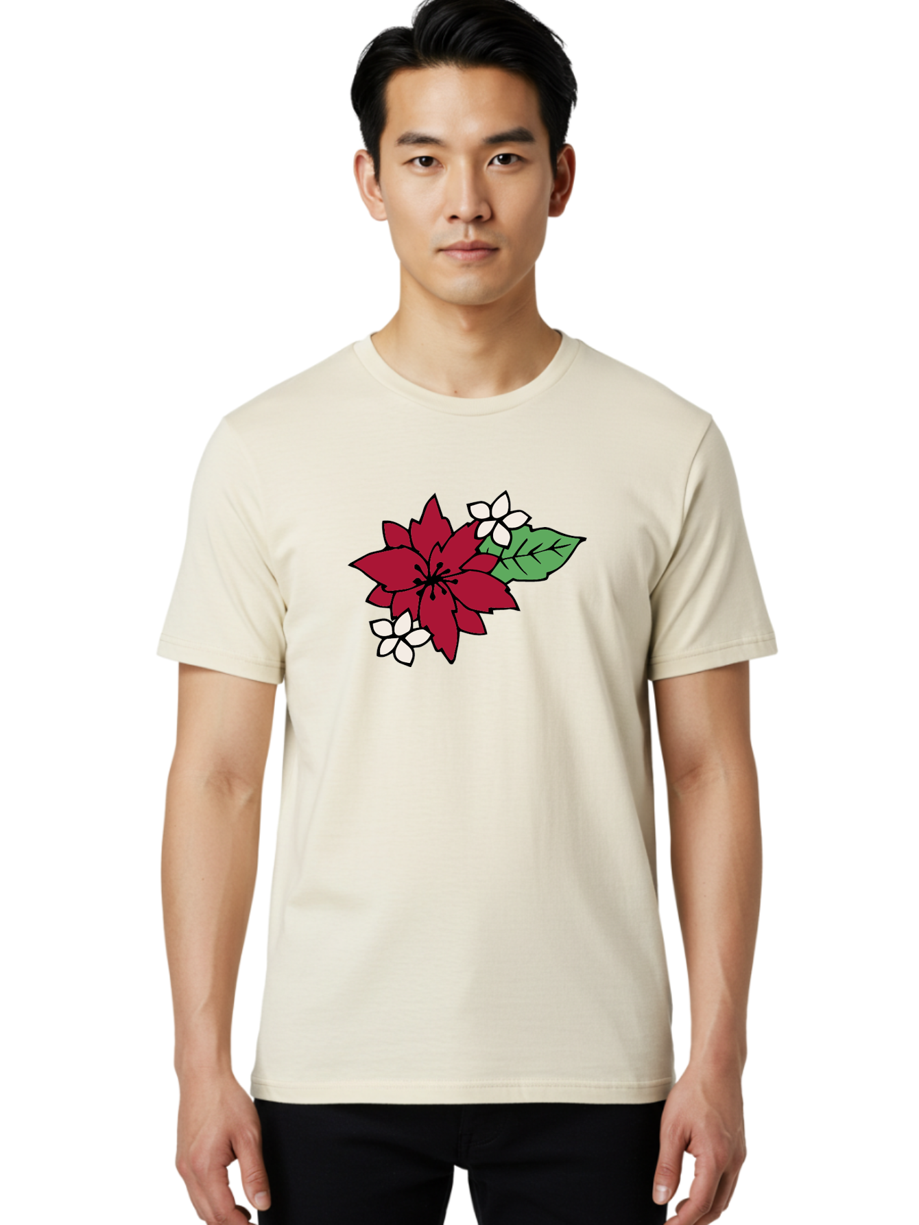 Poinsettia-Flower Men'S Graphic Tee, 100% Cotton, Comfortable Casual Summer Wear, Machine Washable, Red Poinsettia, White Flowers, Green Leaves, Festive Flowers, Holiday Decor, Christmas Plant, Winter Blooms, Floral Arrangement Aab049 18