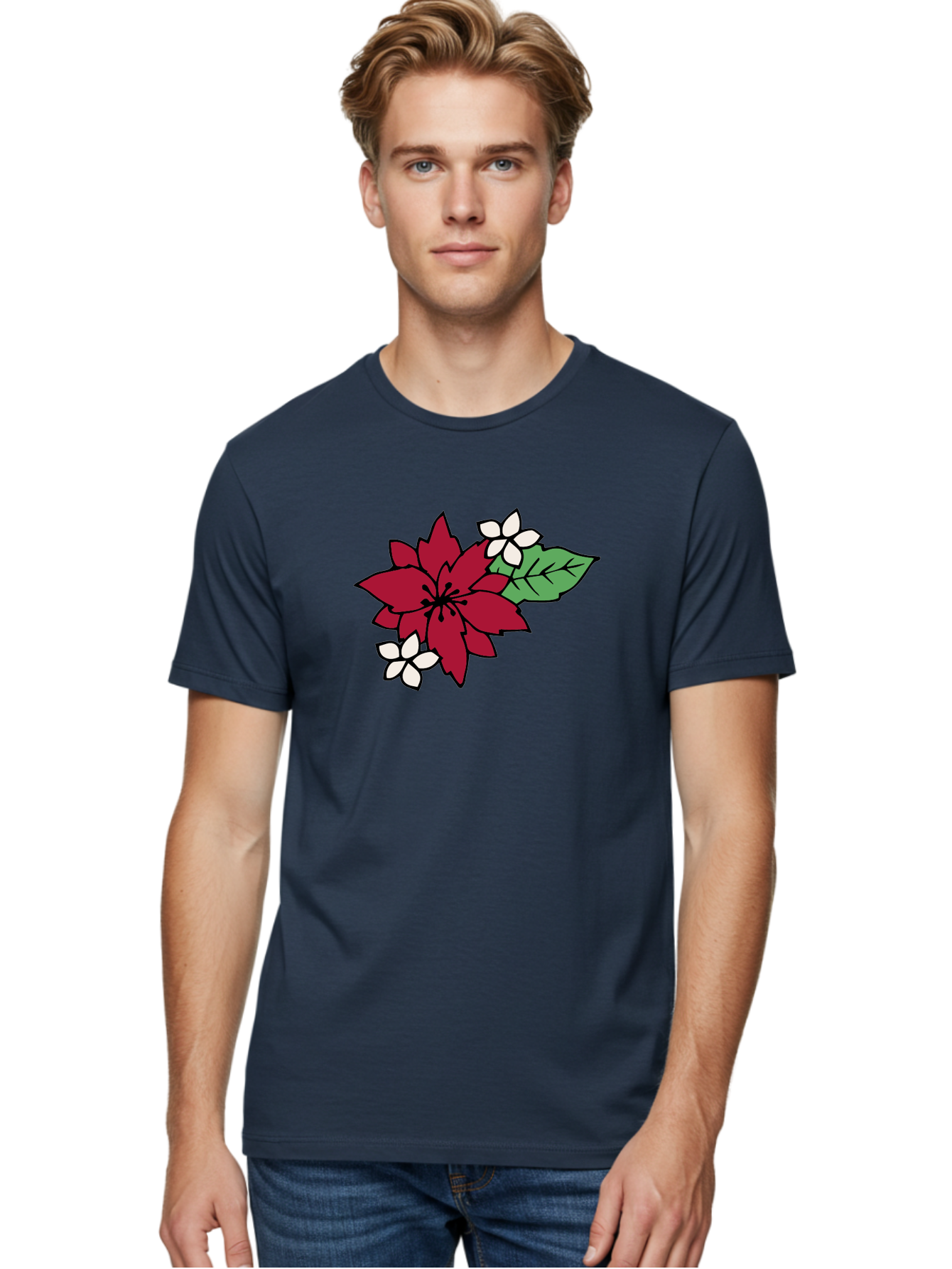 Poinsettia-Flower Men'S Graphic Tee, 100% Cotton, Comfortable Casual Summer Wear, Machine Washable, Red Poinsettia, White Flowers, Green Leaves, Festive Flowers, Holiday Decor, Christmas Plant, Winter Blooms, Floral Arrangement Aab049 20