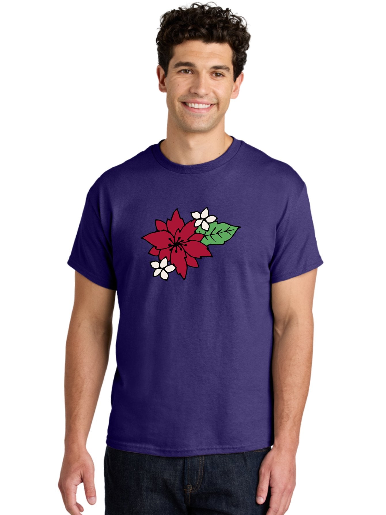 Poinsettia-Flower Men'S Graphic Tee, 100% Cotton, Comfortable Casual Summer Wear, Machine Washable, Red Poinsettia, White Flowers, Green Leaves, Festive Flowers, Holiday Decor, Christmas Plant, Winter Blooms, Floral Arrangement Aab049 24