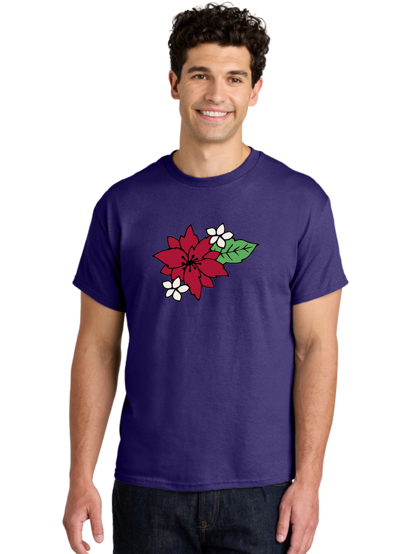 Poinsettia-Flower Men'S Graphic Tee, 100% Cotton, Comfortable Casual Summer Wear, Machine Washable, Red Poinsettia, White Flowers, Green Leaves, Festive Flowers, Holiday Decor, Christmas Plant, Winter Blooms, Floral Arrangement Aab049 14