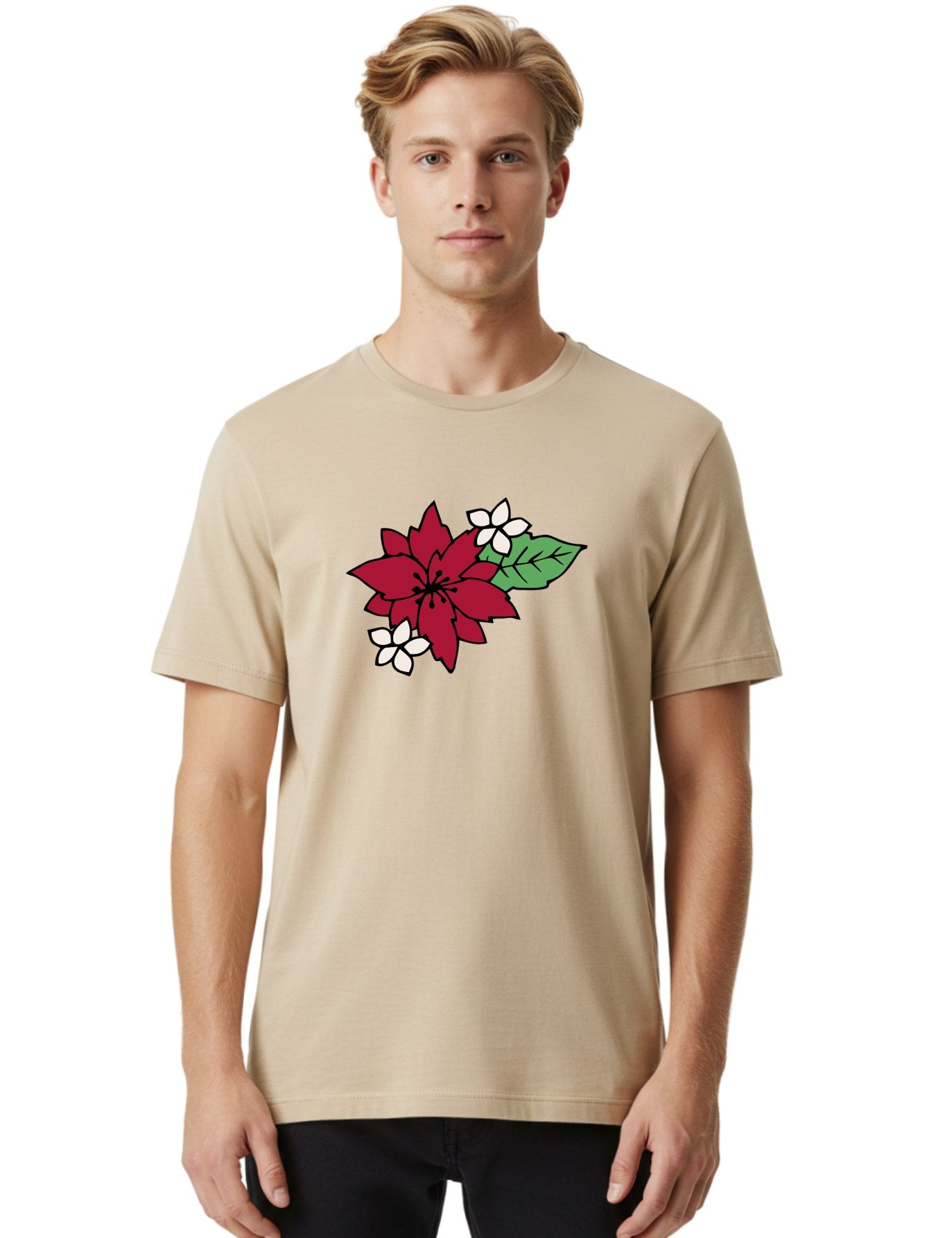 Poinsettia-Flower Men'S Graphic Tee, 100% Cotton, Comfortable Casual Summer Wear, Machine Washable, Red Poinsettia, White Flowers, Green Leaves, Festive Flowers, Holiday Decor, Christmas Plant, Winter Blooms, Floral Arrangement Aab049 29