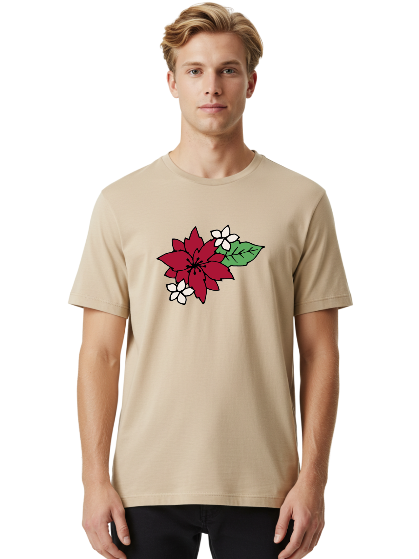 Poinsettia-Flower Men'S Graphic Tee, 100% Cotton, Comfortable Casual Summer Wear, Machine Washable, Red Poinsettia, White Flowers, Green Leaves, Festive Flowers, Holiday Decor, Christmas Plant, Winter Blooms, Floral Arrangement Aab049 4