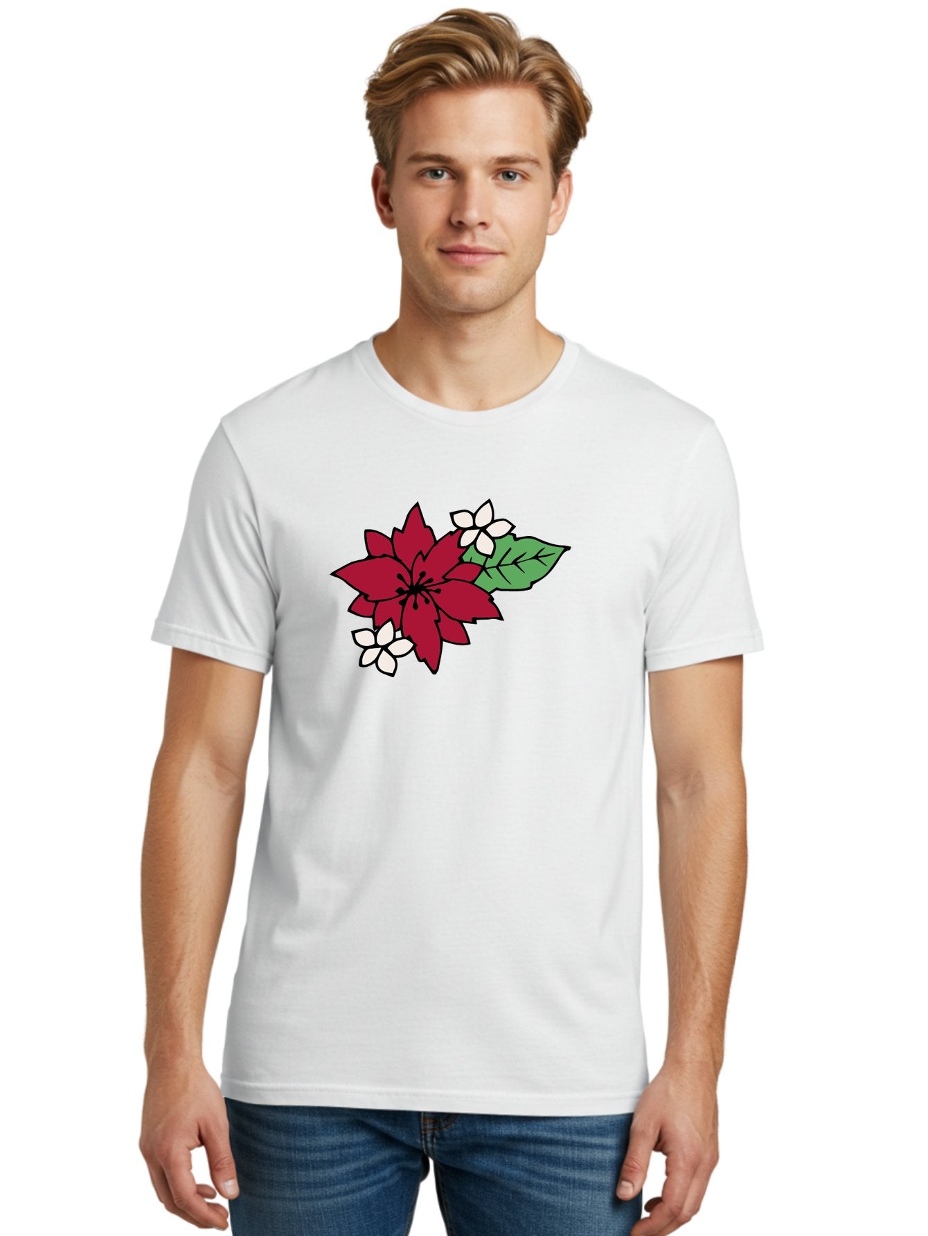 Poinsettia-Flower Men'S Graphic Tee, 100% Cotton, Comfortable Casual Summer Wear, Machine Washable, Red Poinsettia, White Flowers, Green Leaves, Festive Flowers, Holiday Decor, Christmas Plant, Winter Blooms, Floral Arrangement Aab049 23