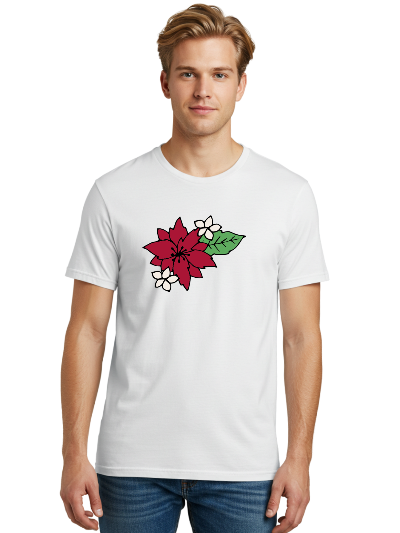 Poinsettia-Flower Men'S Graphic Tee, 100% Cotton, Comfortable Casual Summer Wear, Machine Washable, Red Poinsettia, White Flowers, Green Leaves, Festive Flowers, Holiday Decor, Christmas Plant, Winter Blooms, Floral Arrangement Aab049 16
