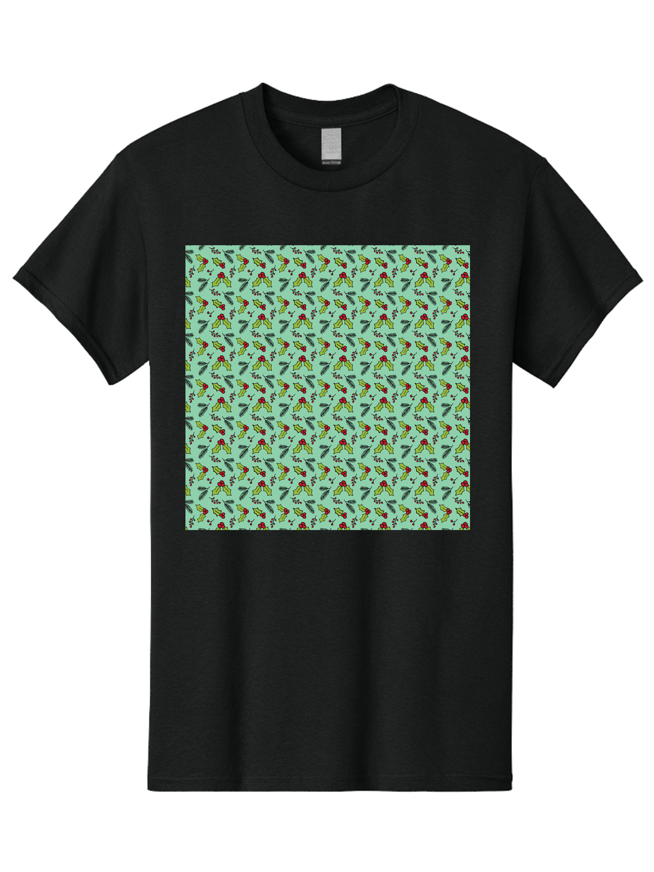 Poinsettia-Pattern Men'S Graphic Tee, 100% Cotton, Comfortable Casual Summer Wear, Machine Washable, Holly Leaves, Red Berries, Festive Design, Holiday Pattern, Seamless Texture, Green Leaves, Christmas Decor, Winter Theme, Joyful Atmosphere Aab050 19