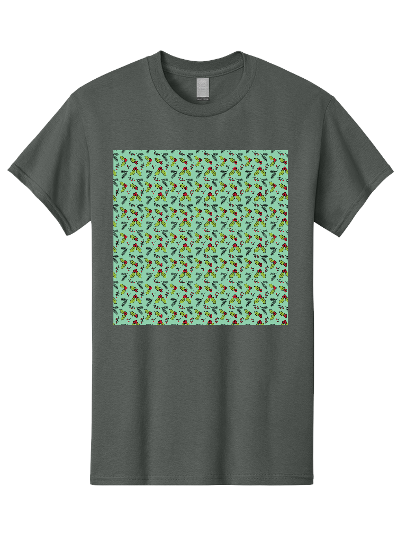 Poinsettia-Pattern Men'S Graphic Tee, 100% Cotton, Comfortable Casual Summer Wear, Machine Washable, Holly Leaves, Red Berries, Festive Design, Holiday Pattern, Seamless Texture, Green Leaves, Christmas Decor, Winter Theme, Joyful Atmosphere Aab050 3