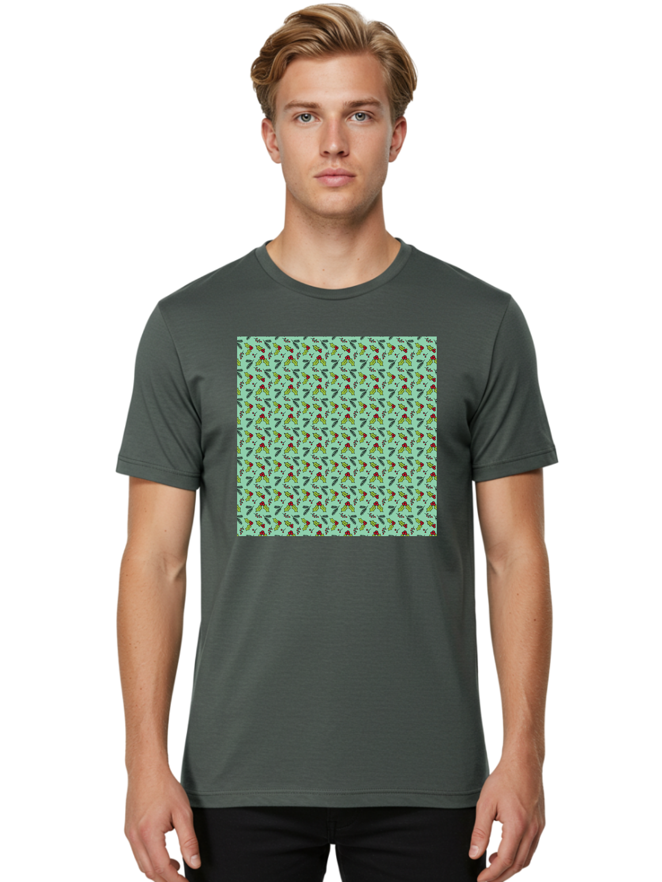 Poinsettia-Pattern Men'S Graphic Tee, 100% Cotton, Comfortable Casual Summer Wear, Machine Washable, Holly Leaves, Red Berries, Festive Design, Holiday Pattern, Seamless Texture, Green Leaves, Christmas Decor, Winter Theme, Joyful Atmosphere Aab050 4